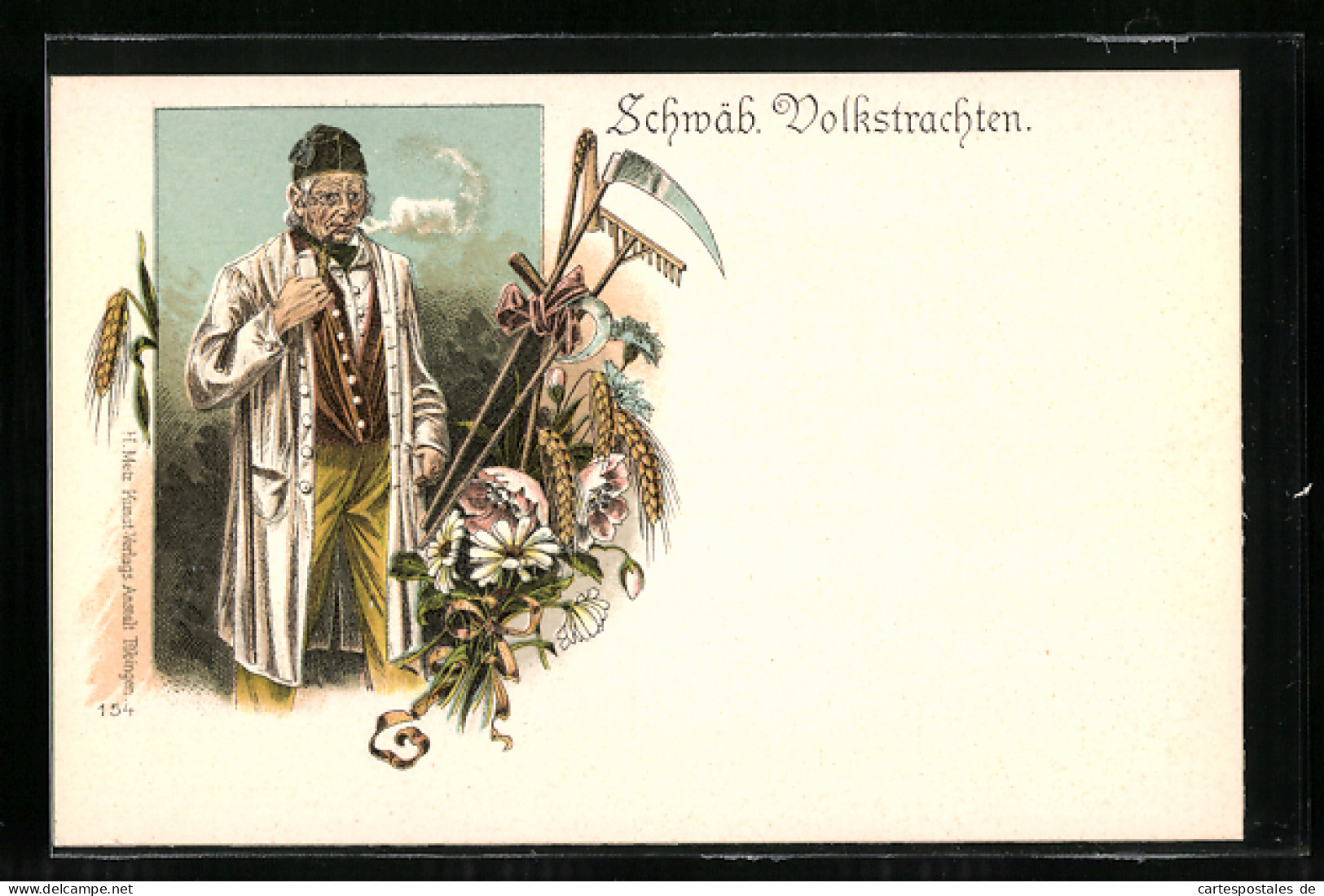 Lithographie Schwabe Mit Pfeife, Rechen Und Sense, Schwäbische Tracht  - Costumes