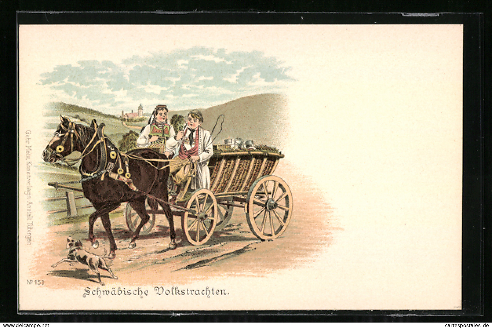 Lithographie Schwäbische Volkstrachten, Hund Und Pferdekarre  - Kostums