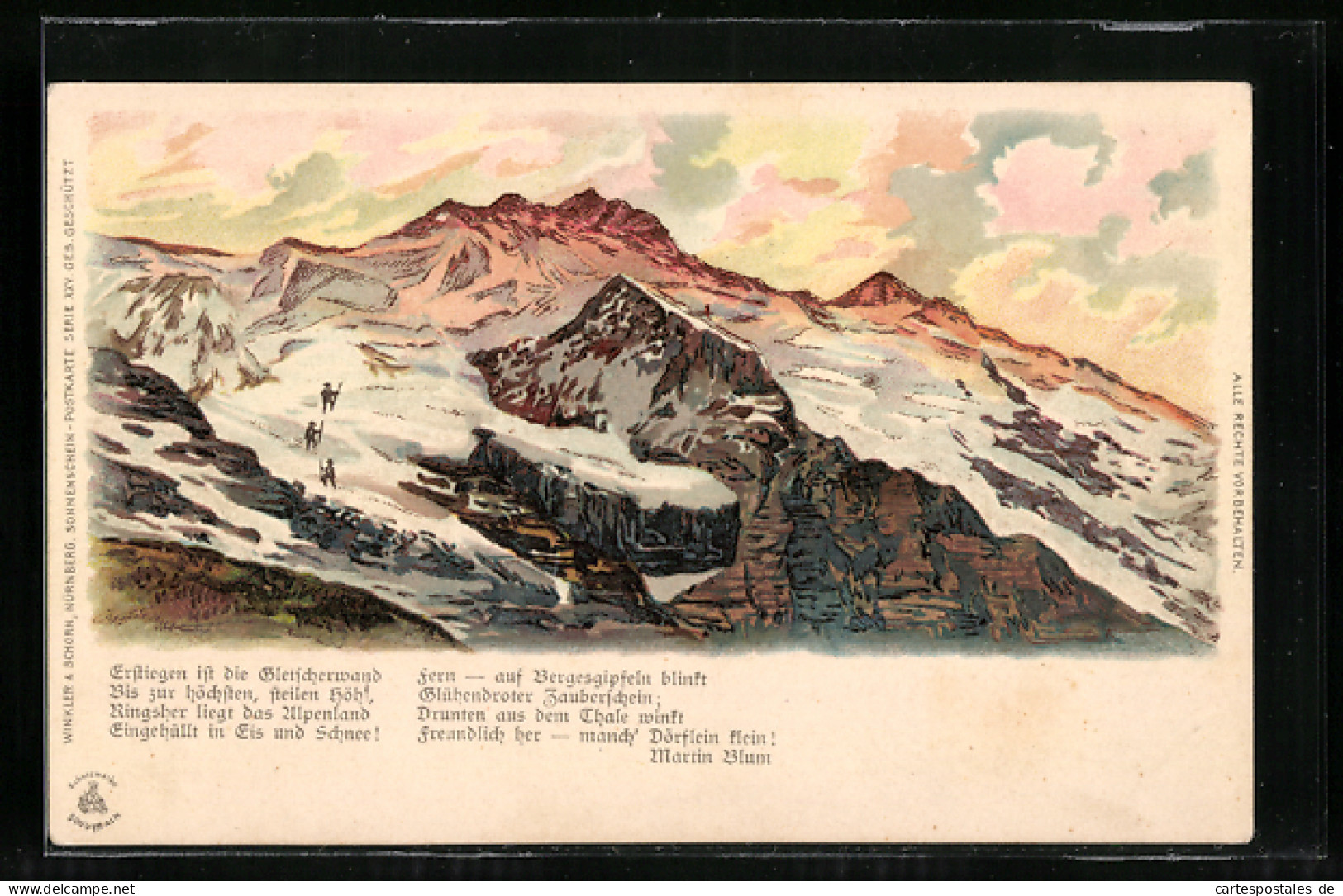 Lithographie Bergsteiger An Der Gletscherwand  - Alpinismo