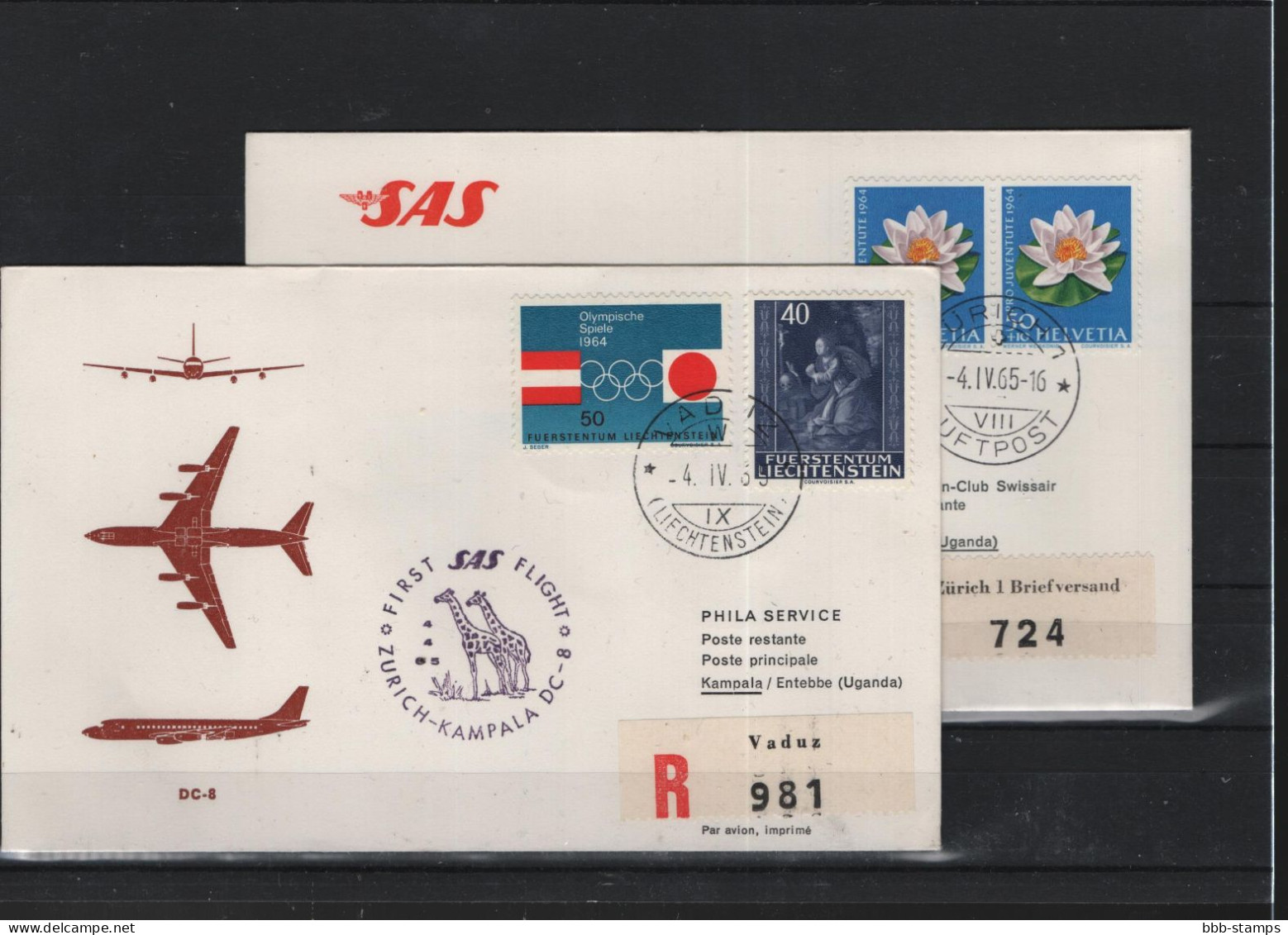 Schweiz Luftpost FFC SAS  4.4.1965 Zürich - Kampala - Erst- U. Sonderflugbriefe