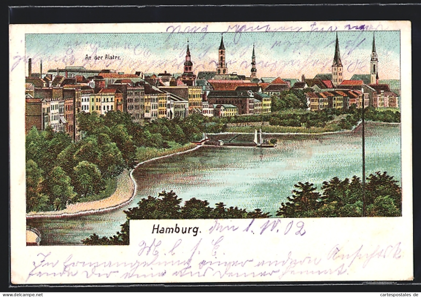 Lithographie Hamburg-St.Georg, Ortsansicht, An Der Alster  - Mitte