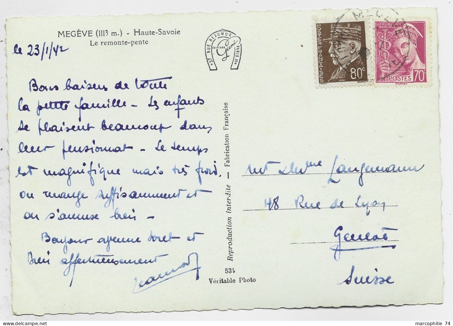 FRANCE MERCURE 70C + PETAIN 80C BRUN  CARTE MEGEVE 23.1.1941    POUR SUISSE   AU TARIF AFFR PEU COMMUN - 1941-42 Pétain