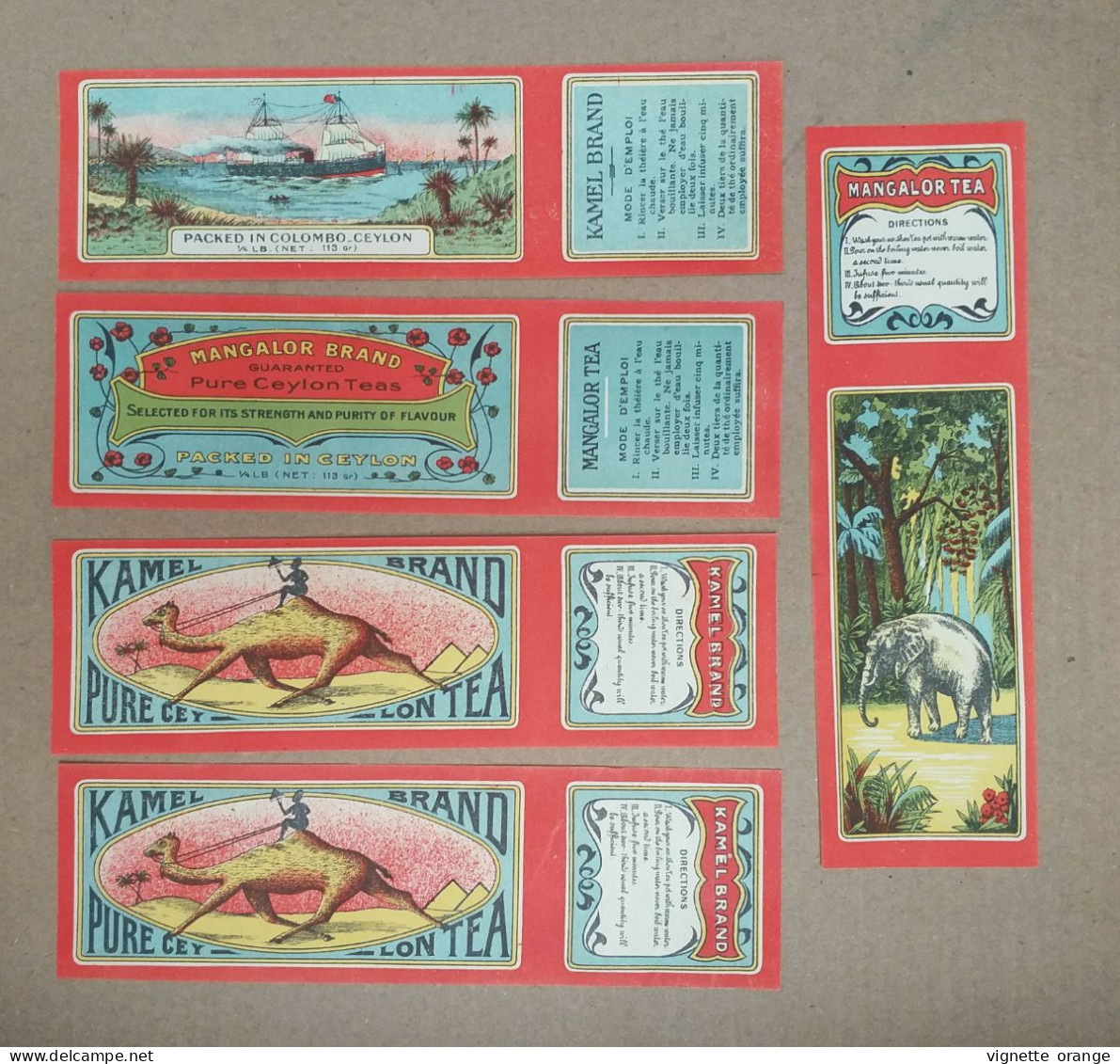 Publicité étiquettes Chromos Thé KAMEL BRAND PACKED IN COLOMBO CEYLON MANGALOR TEA ( 5 Mode Emploie - Pubblicitari