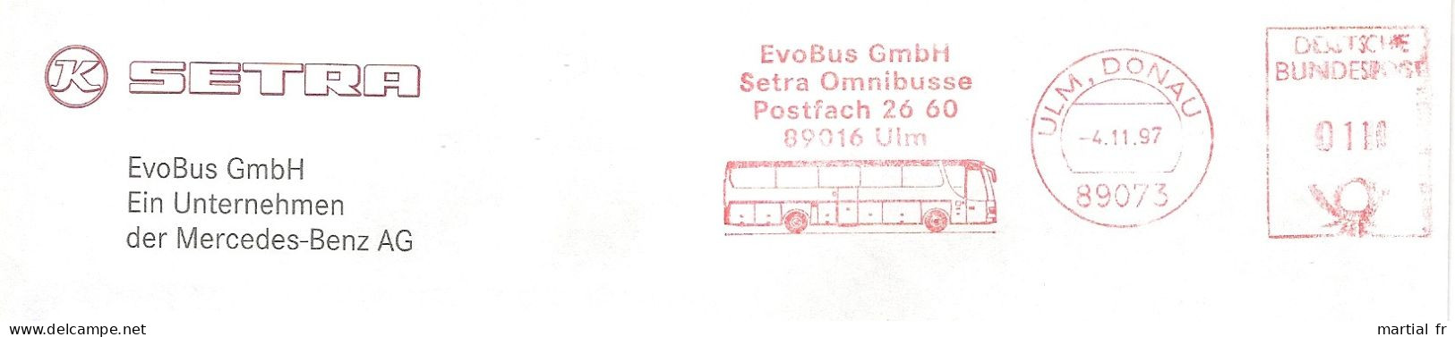 EMA RED METER STAMP FREISTEMPEL ALLEMAGNE BUS TRANSPORT AUTOBUS OMNIBUS EVOBUS ULM DAIMLER BENZ Donau 89073 - Bus