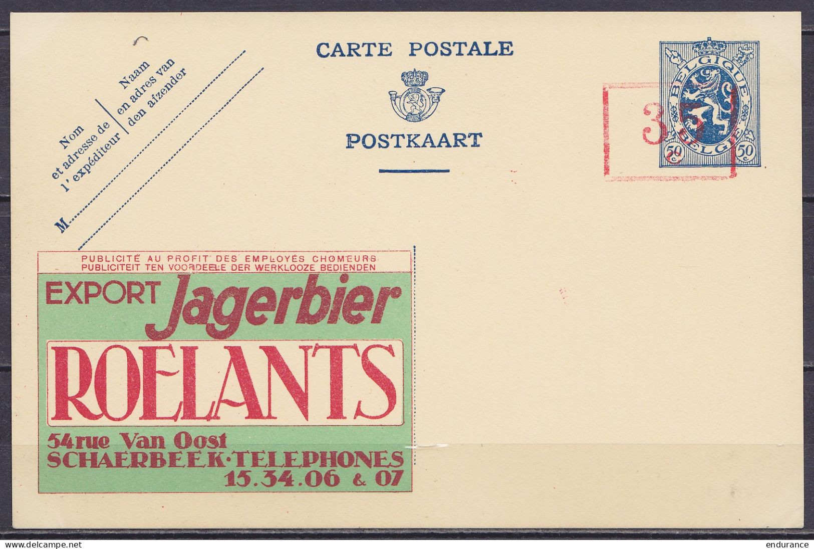 EP CP "Export Jagerbier ROELANTS" 50c Bleu (type N°285) Surcharge Rouge [35c] à La Pédale - Neuf - Cartes Postales 1934-1951