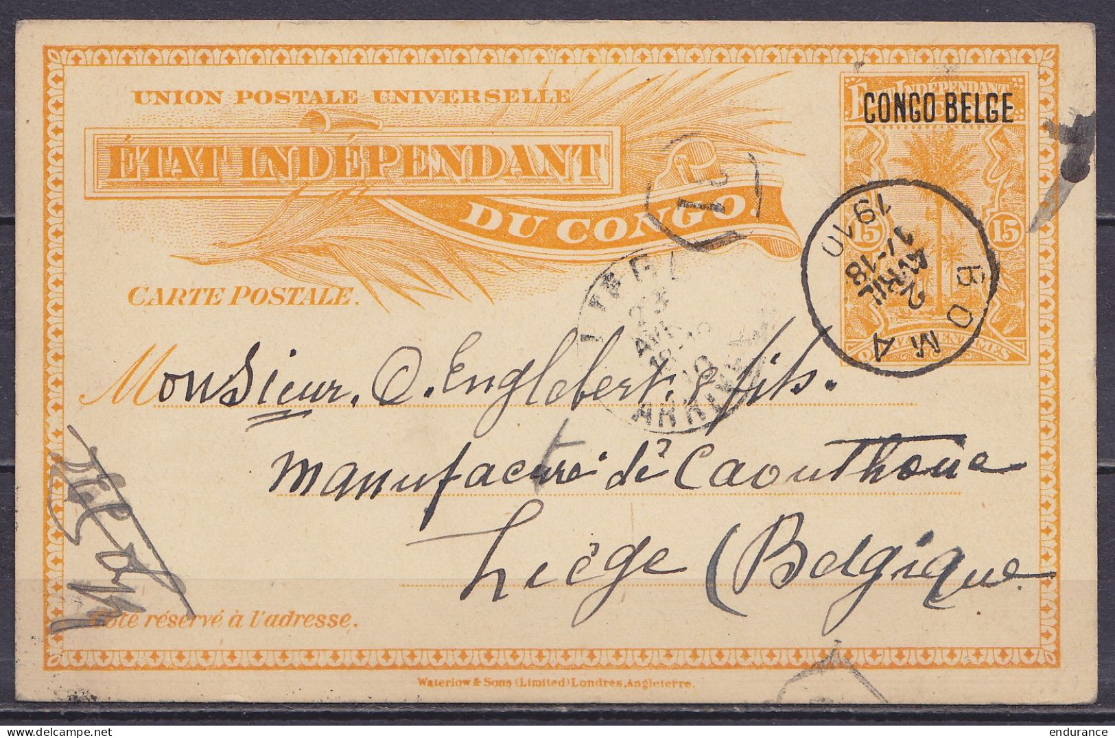 Congo Belge - EP CP 15c Orange Surch. "CONGO BELGE" Càd BOMA /2 AVRIL 1910 Pour LIEGE - Càd Arrivée LIEGE - Enteros Postales