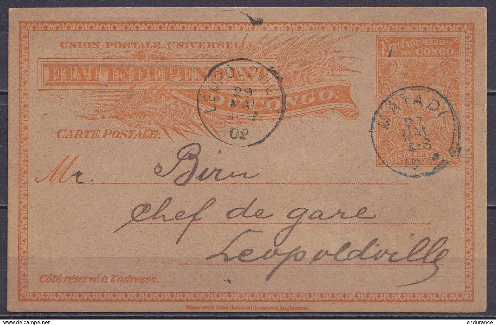 Etat Indépendant Du Congo - EP CP 15c Orange Càd MATADI /27 MAI 1902 Pour Chef De Gare à LEOPOLDVILLE - Interi Postali
