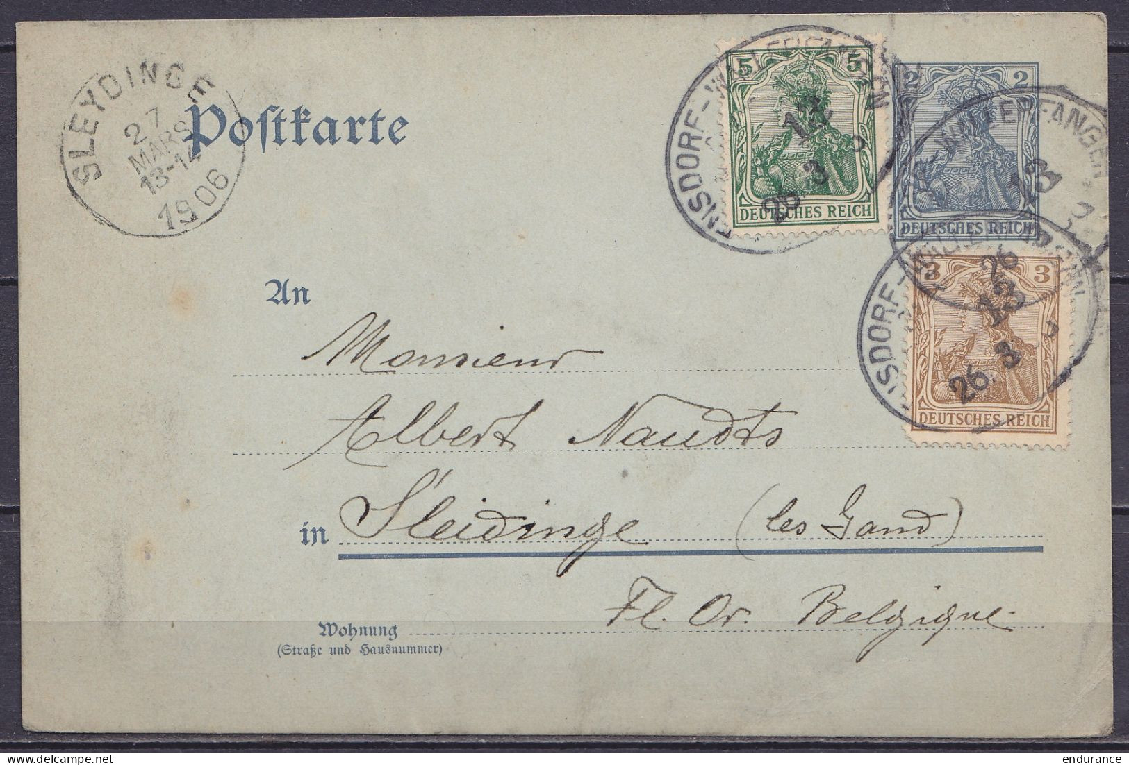 Allemagne - EP CP Postkarte 2pf + 8pf Càd Oval "ENSDORF-WALLERFANGEN /26-3-1906 Pour SLEYDINGEN (lez Gand) - Càd Arrivée - Briefe U. Dokumente