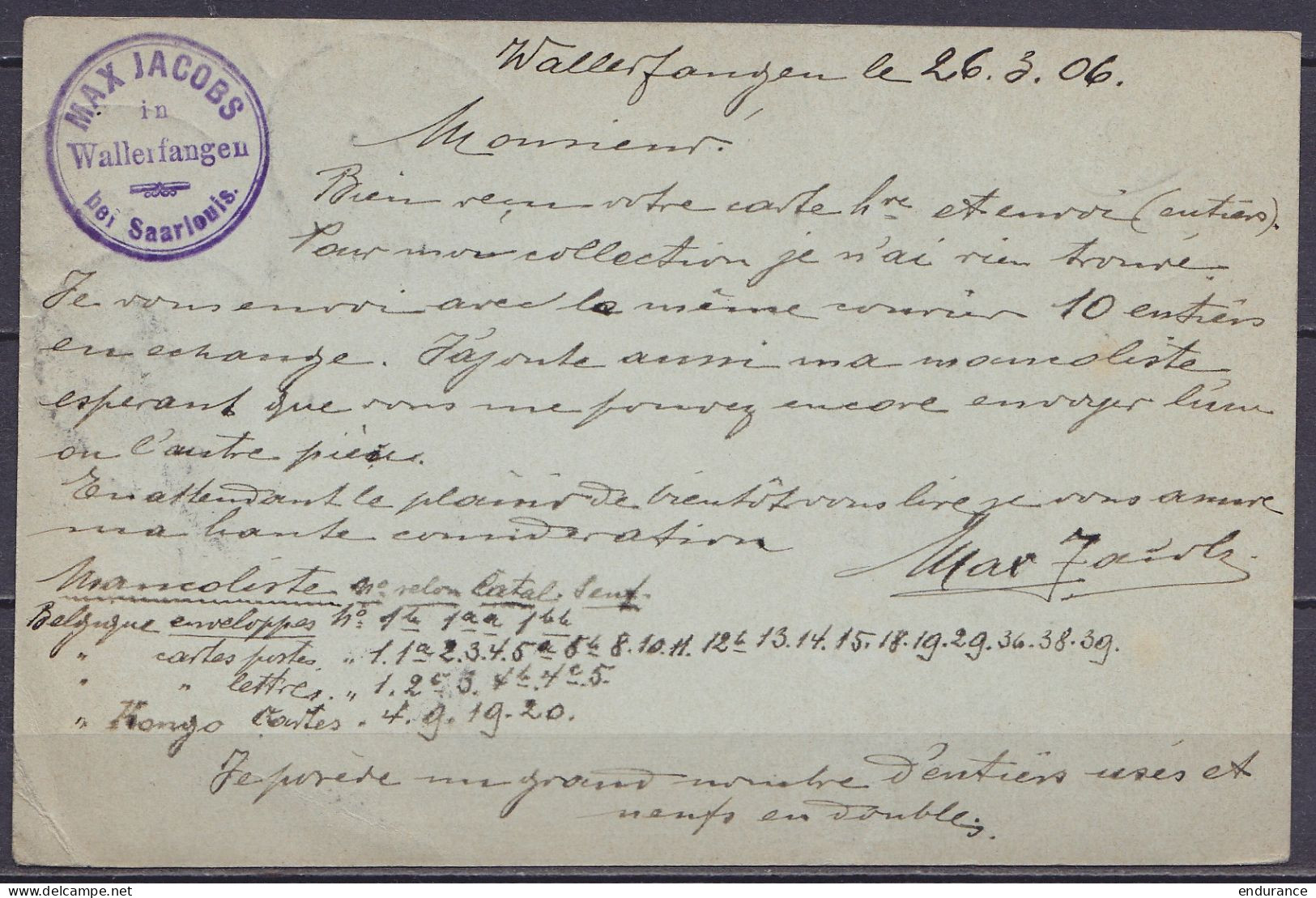 Allemagne - EP CP Postkarte 2pf + 8pf Càd Oval "ENSDORF-WALLERFANGEN /26-3-1906 Pour SLEYDINGEN (lez Gand) - Càd Arrivée - Lettres & Documents