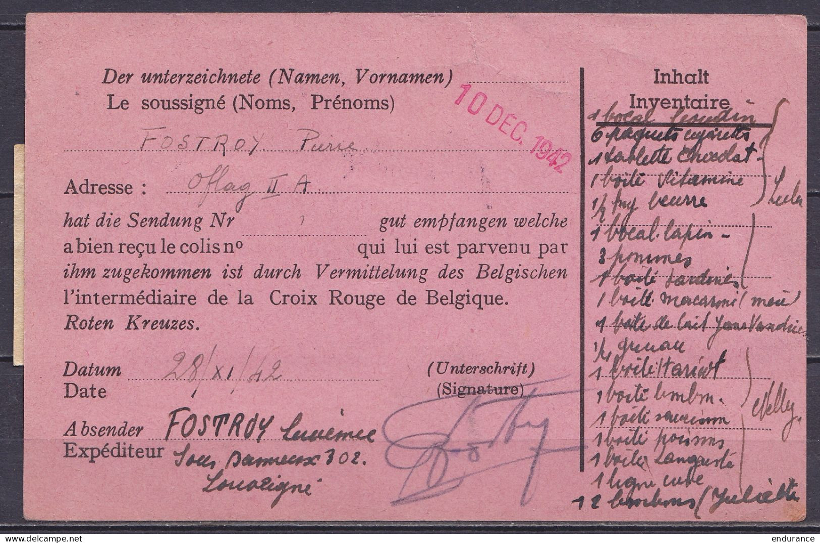 CP (accusé De Réception De Colis Par Prisonnier Belge à Oflag IIA) En Franchise Flam. LIEGE/3-12-1942 Pour Expditeur Du  - Guerra '40-'45 (Storia Postale)