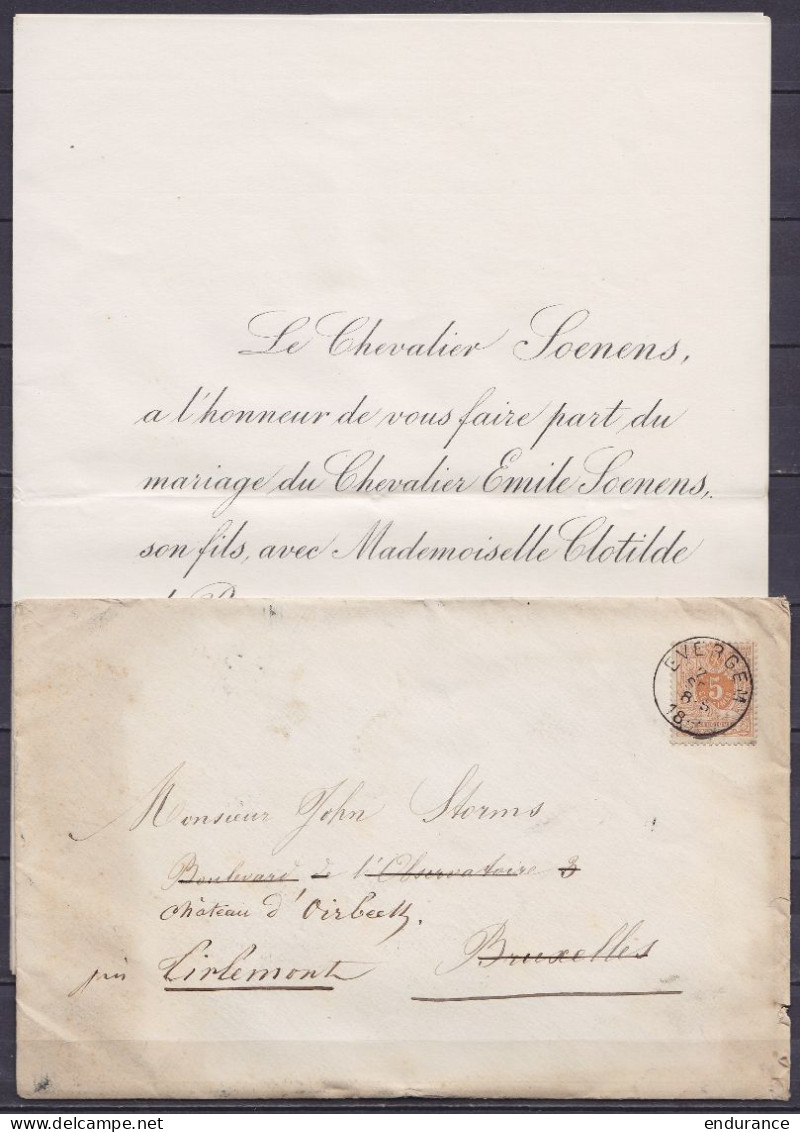 Imprimé (faire-part De Mariage) Sous Env. Affr. N°28 Càd EVERGEM / 2? SEPT 1882 Pour BRUXELLES Réexpédié Au Château D'Oi - 1869-1888 Liggende Leeuw