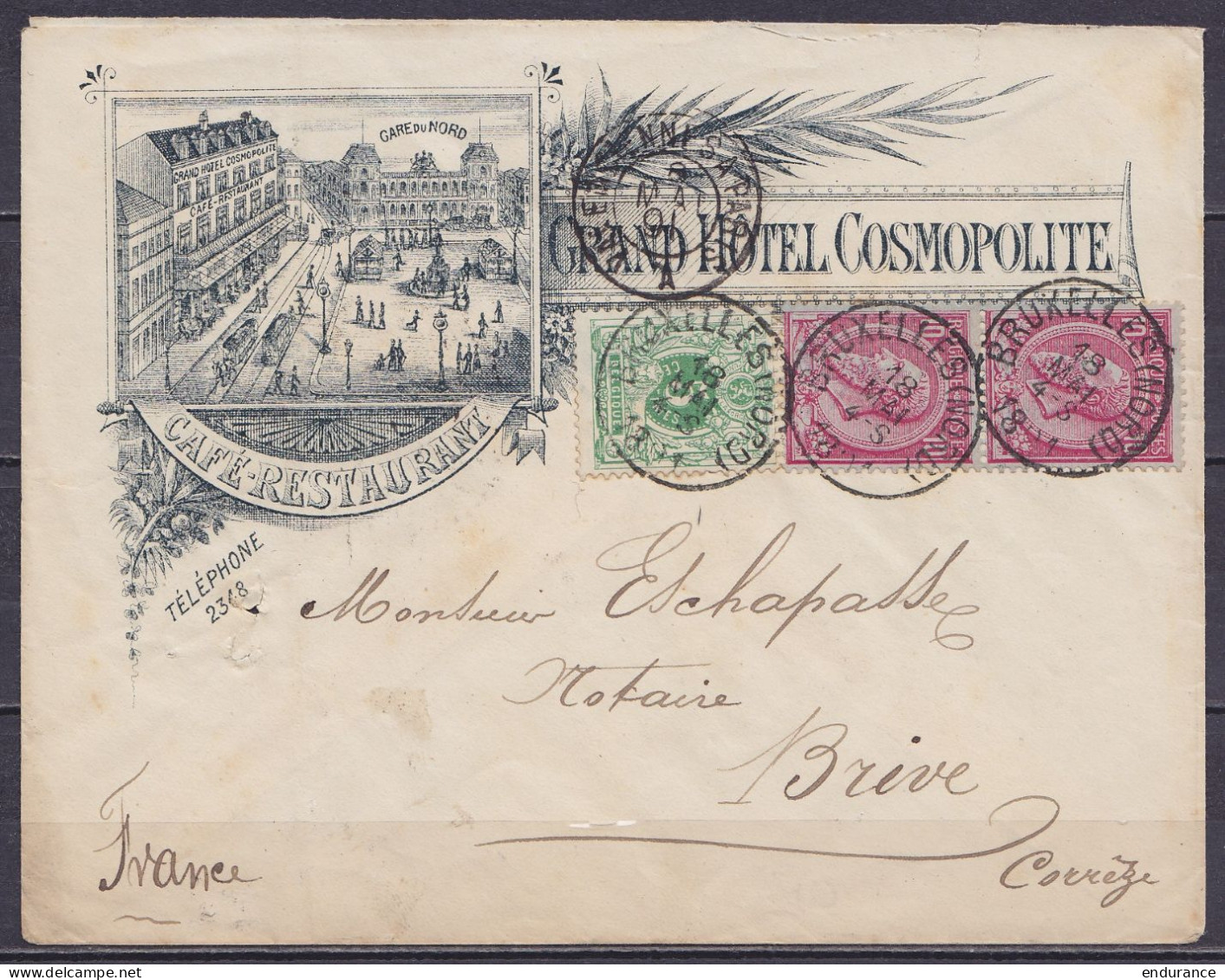 Env. "Grand Hôtel Cosmopolite" Affr. Paire Vert. N°46 + N°45 Càd BRUXELLES (NORD) /18 MAI 1891 Pour BRIVE Corrèze - Càd  - 1884-1891 Leopold II.