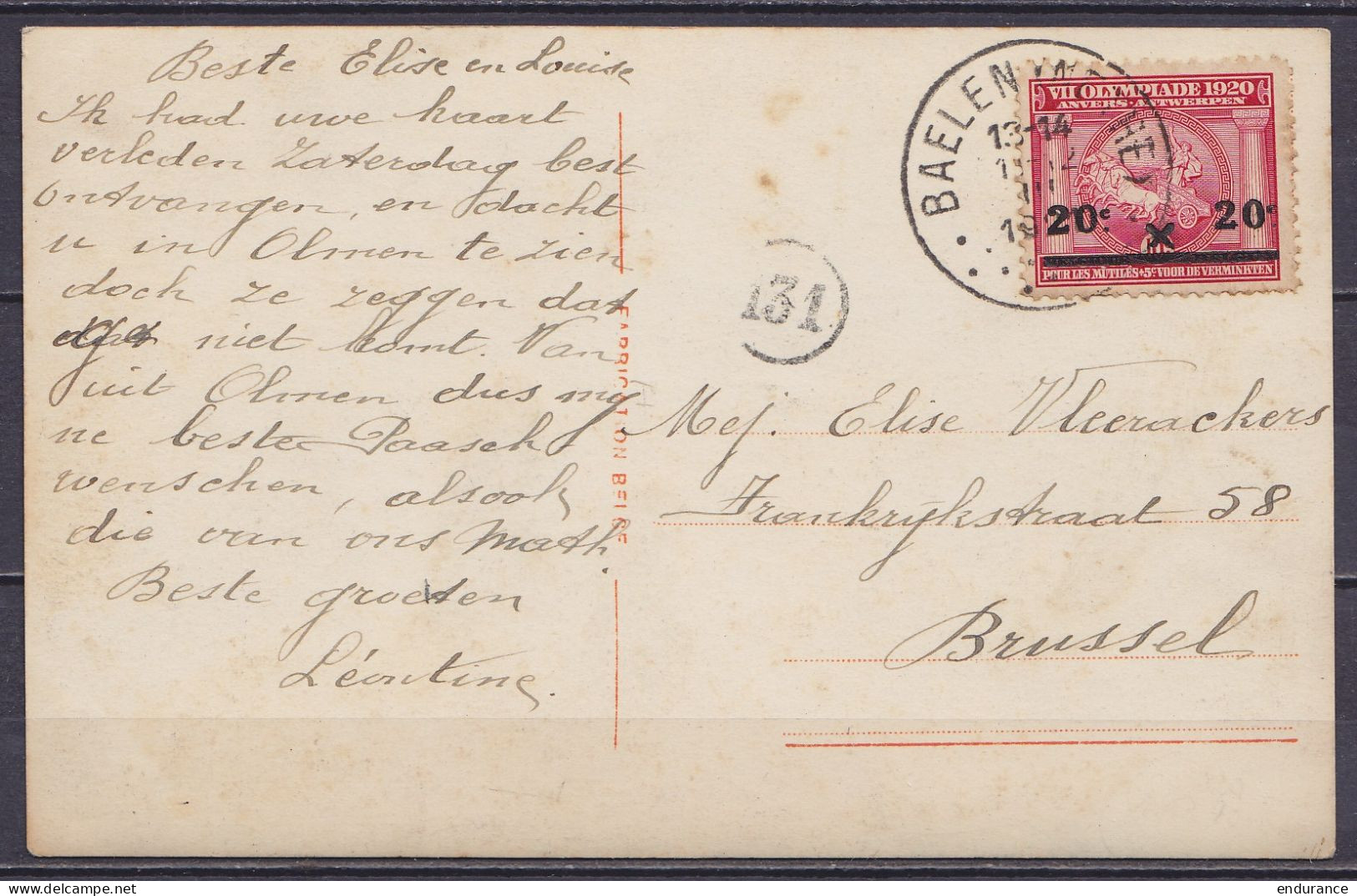 CP Fantaisie Affr. N°185 Càd BAELEN (NETHE) /11-12 III 1920 Pour BRUSSEL - Storia Postale