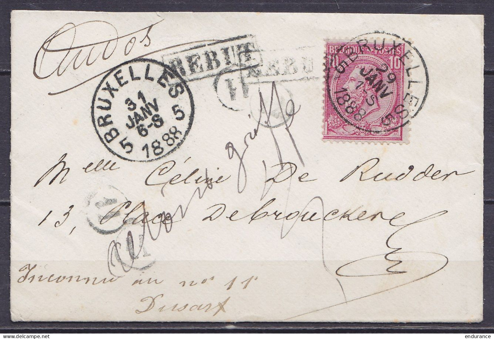 Env. Affr. N°46 Càd BRUXELLES 5/29 JANV 1888 Pour E/V Man. "Inconnu Au N°11" & "retour à La Griffe" Càd Retour BRUXELLES - 1869-1883 Leopold II.