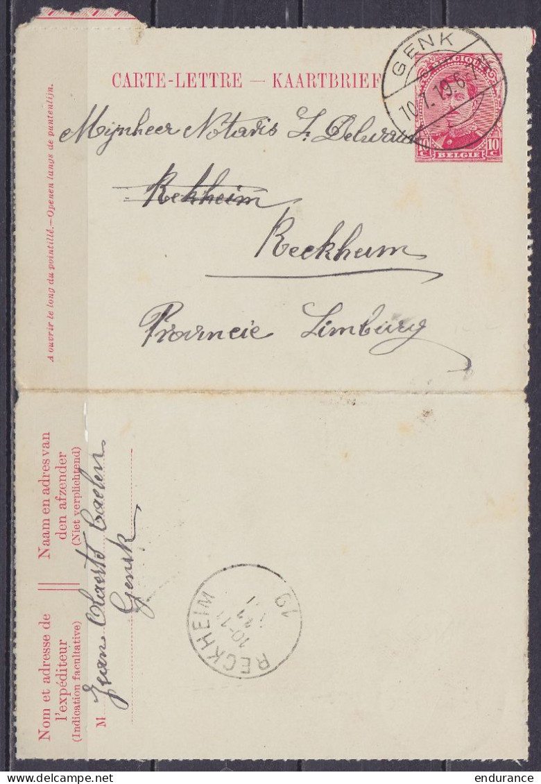 Carte-lettre 10c Rouge (type N°138) Oblit. Fortune GENK /10.7.1919 (càpt Allemand) Pour RECKHEIM (au Dos: Càd Arrivée RE - Postcards 1909-1934