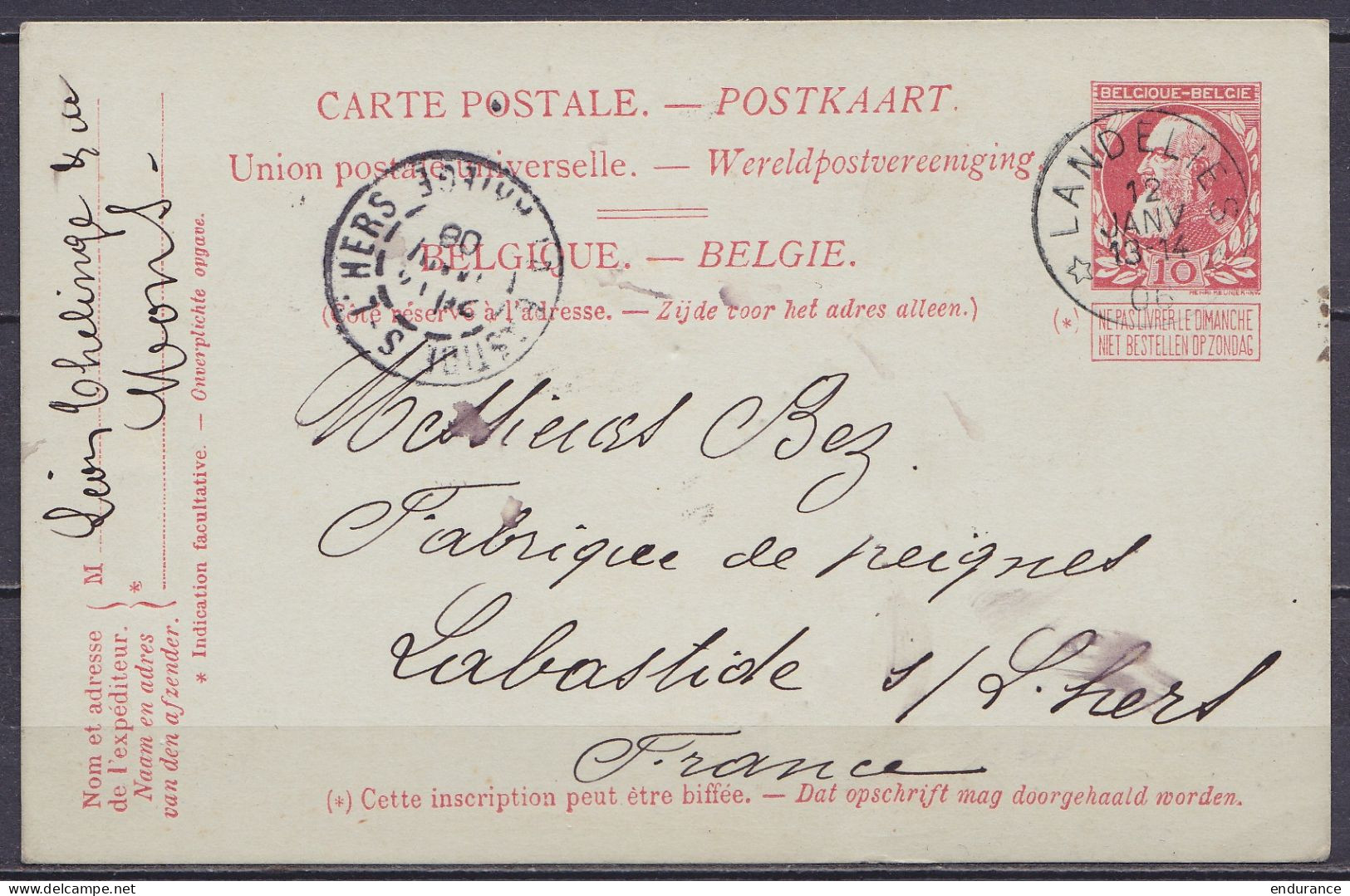 EP CP 10 Rouge (type N°74) De Mons Càd Relais *LANDELIES* /12 JANV 1908 Pour LABASTIDE-SUR-L'HERS - Càd Arrivée LABASTID - Briefkaarten 1871-1909