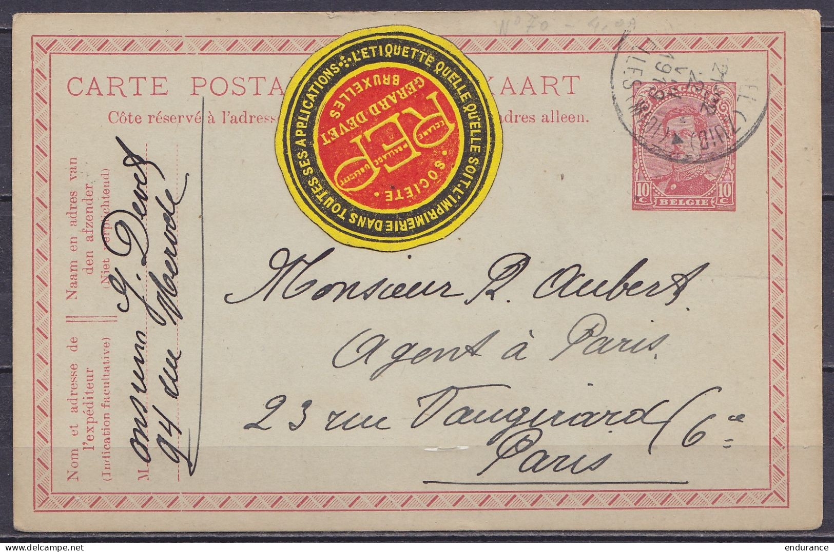 EP CP 10c Rouge (type N°138) Càd "BRUSSEL (ZUID) /22 VIII 1922/ BRUXELLES (MIDI)" Pour PARIS - Aurait Dû être Taxée ! (a - Briefkaarten 1909-1934