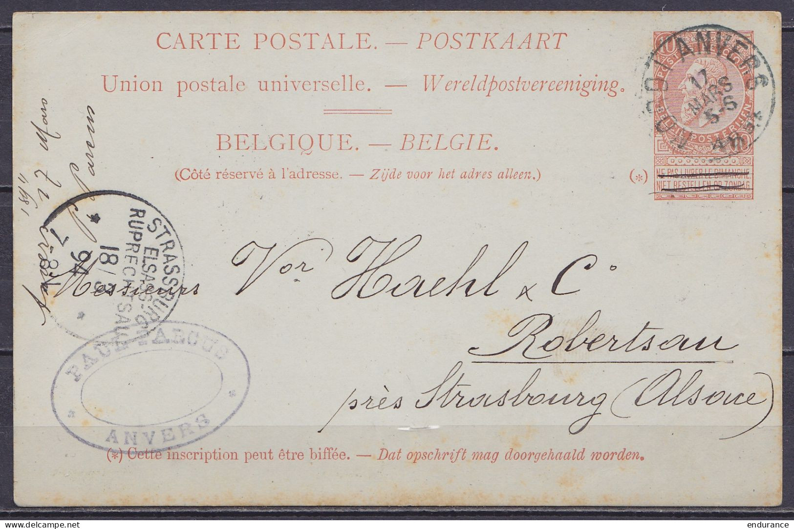 EP CP 10c Rouge-brun (type N°57) Càd Ambulant NORD|ANVERS /17 MARS 1894 Pour ROBERTSAU Près Strasbourg (Alsace) - Càd Ar - Cartes Postales 1871-1909