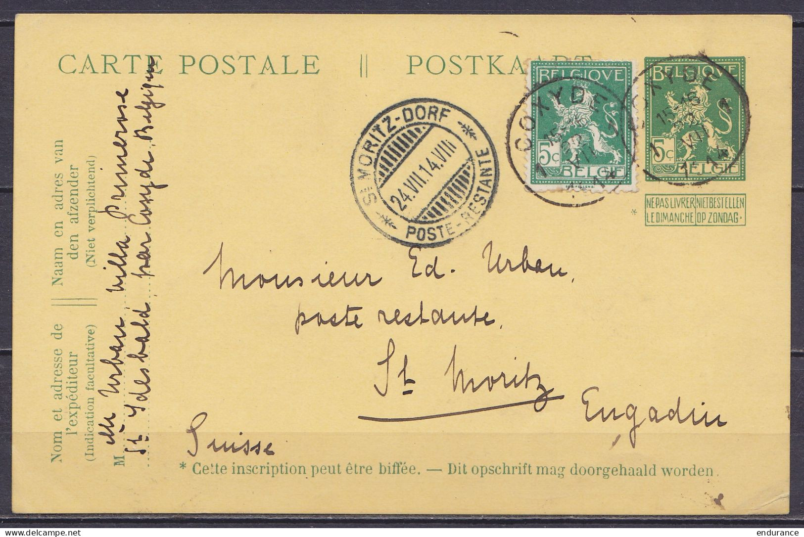 EP CP 10c Vert (type N°110) De St-Idesbald Càd COXYDE /22 VII 1914 Pour Poste Restante à ST-MORITZ Suiise - Càpt Arrivée - Tarjetas 1909-1934