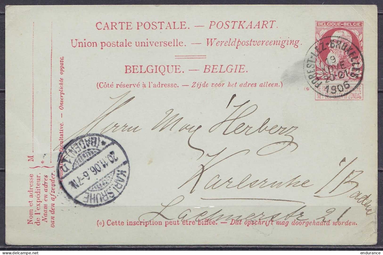 EP CP 10 Rouge (type N°74) Càd FOREST-LEZ-BRUXELLES /19 NOVE 1906 Pour KARLSRUHE I/Baden - Càpt Arrivée KARLSRUHE - Cartoline 1871-1909