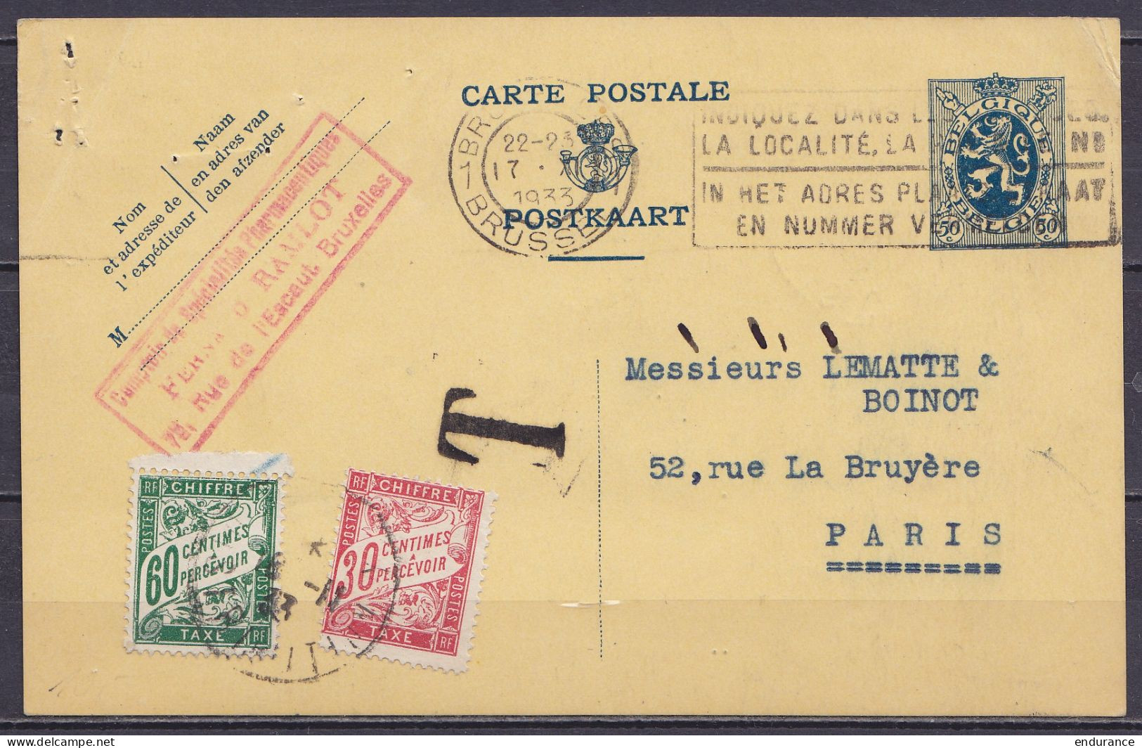 EP CP 50c Bleu (type N°285) Flam. BRUXELLES-BRUSSEL /17.XI 1933 Pour PARIS - Taxé 90c (au Dos: Càd Ambulant "BRUXELLES A - Tarjetas 1909-1934