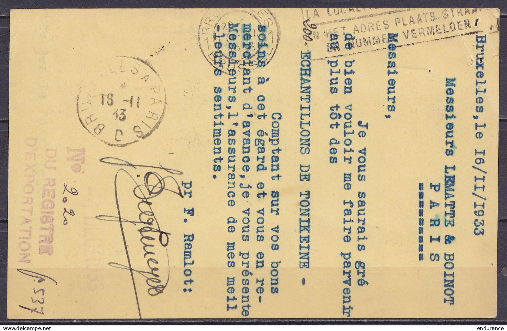 EP CP 50c Bleu (type N°285) Flam. BRUXELLES-BRUSSEL /17.XI 1933 Pour PARIS - Taxé 90c (au Dos: Càd Ambulant "BRUXELLES A - Postcards 1909-1934