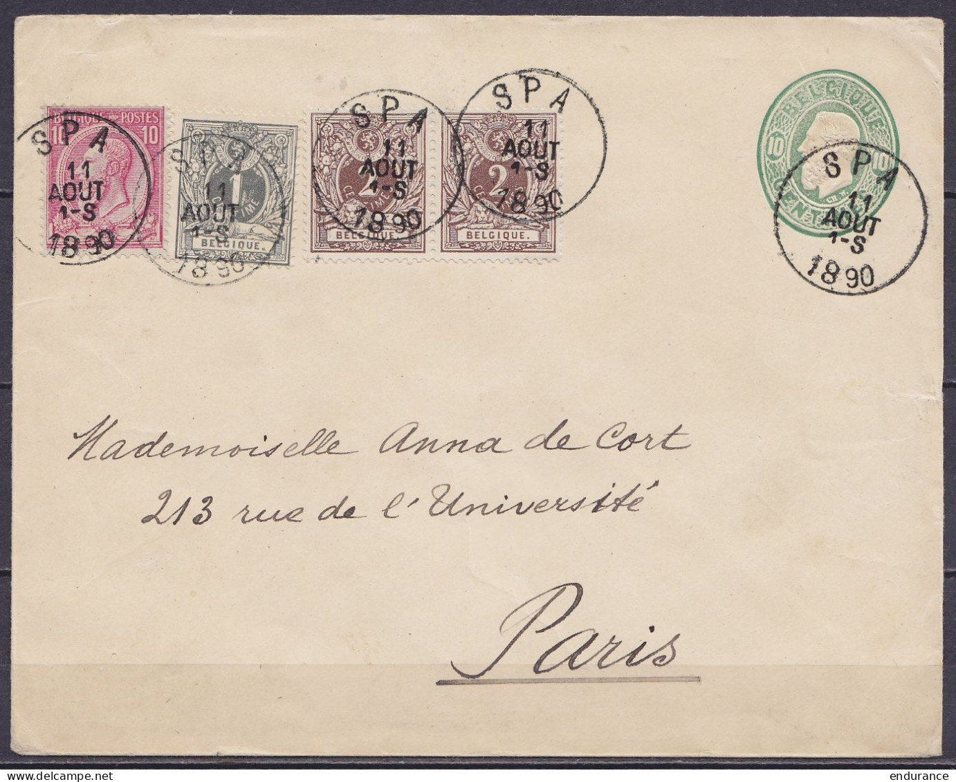EP Env. 10 Vert Oval + 2x N°44 + N°43+46 Càd SPA /11 AOÜT 1890 Pour PARIS (au Dos: Càd Arrivée PARIS (DISTRIBUTION)) - Enveloppes