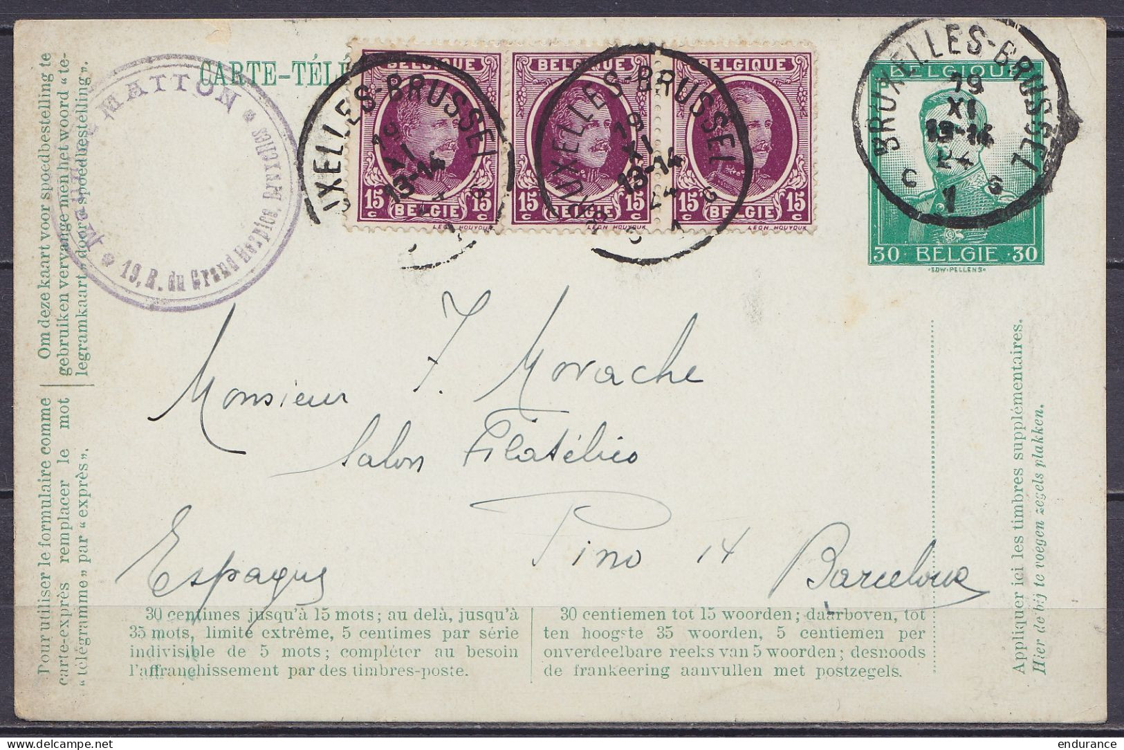 EP Carte-télégramme 30c Vert (type N°114) + 3x N°195 Càd BRUXELLES-BRUSSEL /19 XI 1924 (utilisation Posthume) Pour Phila - Tarjetas 1909-1934