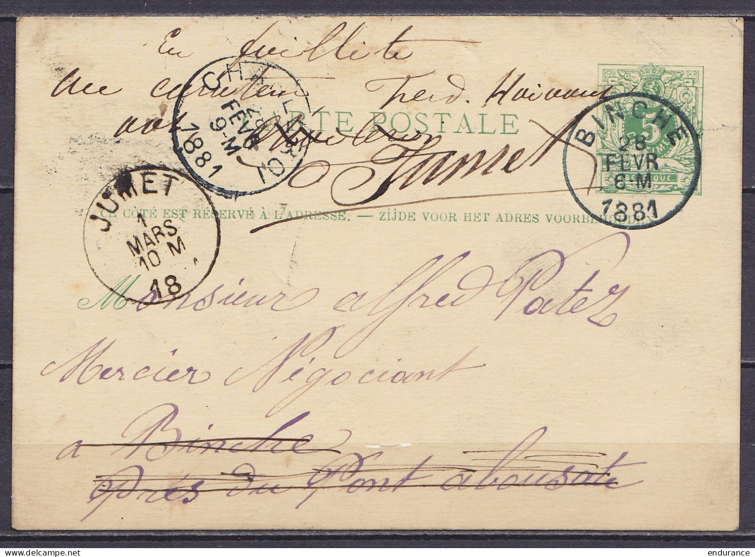 EP CP 5c Vert (type N°45) Càd BINCHE /28 FEVR 1881 Pour E/V Réexpédiée à JUMET - Càd CHARLEROI & Arrivée JUMET - Briefkaarten 1871-1909