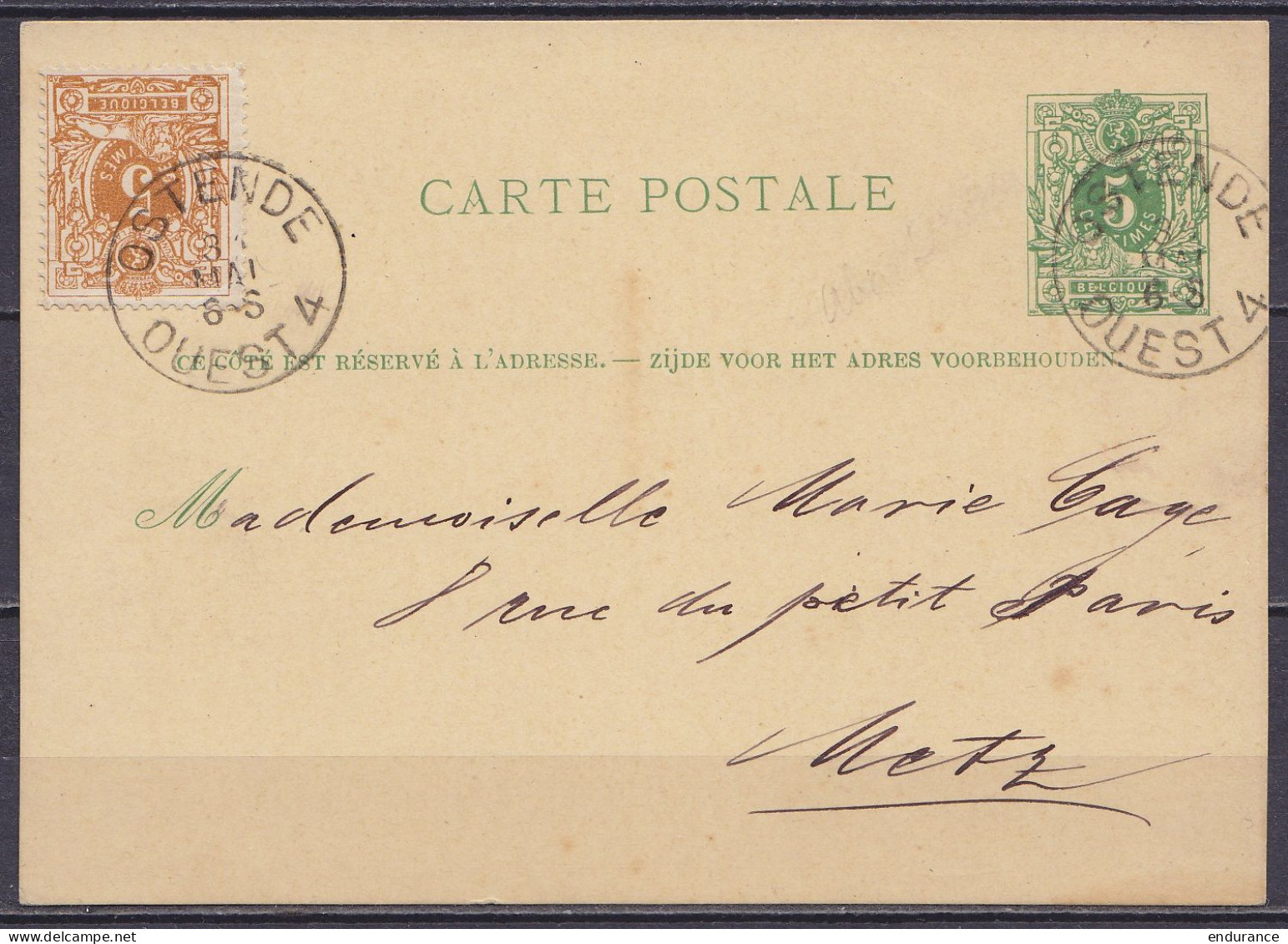 EP CP 5c Vert (type N°45) + N°28 Càd Ambulant "OSTENDE /31 MAI/ OUEST 4" (1884) Pour METZ - Superbe ! - Cartes Postales 1871-1909