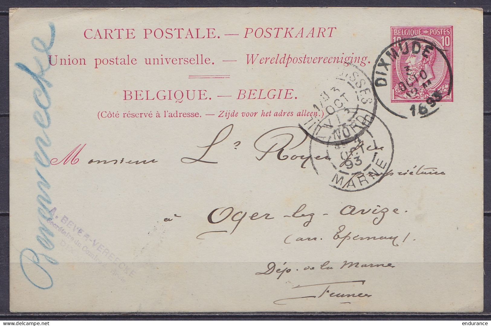 EP CP 10c Rose (type N°46) Càd DIXMUDE /3 OCTO 1893 Pour OGER-lez-AVISE Marne - Càd Arrivée AVIZE - Cartoline 1871-1909