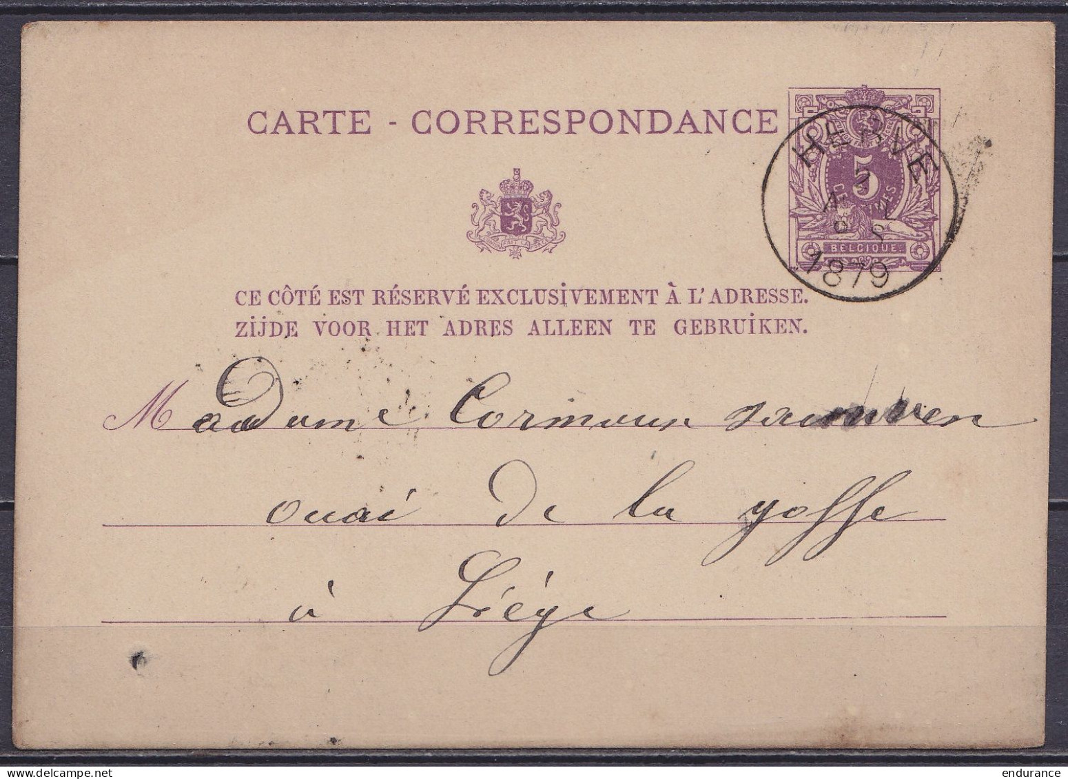 EP Carte-correspondance 5c Violet (type N°28) Càd HERVE /2 AVRIL 1879 Pour LIEGE (au Dos: Càd Arrivée LIEGE) - Postkarten 1871-1909