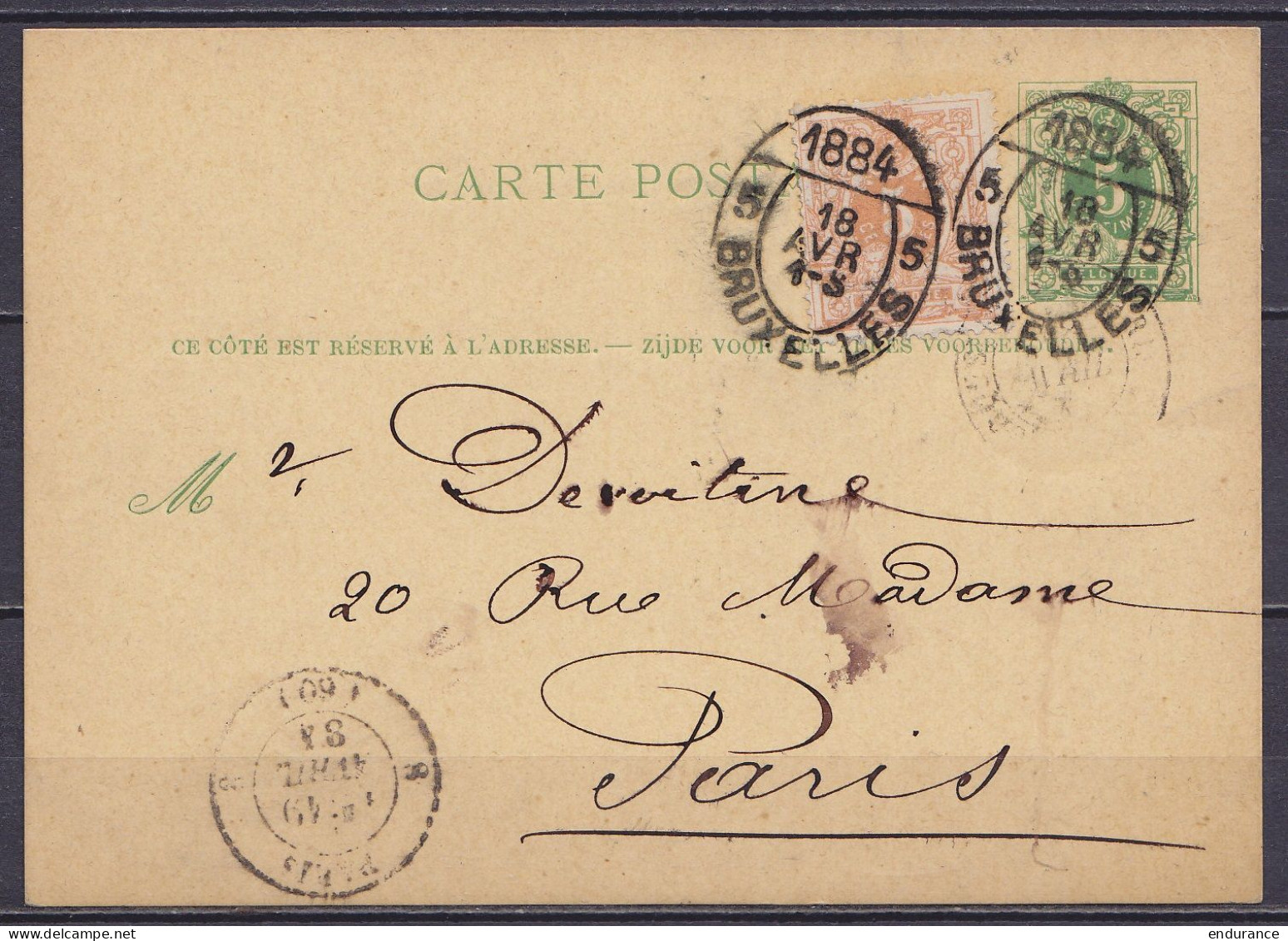 EP CP 5c Vert (type N°45) + N°28 Càd Oval "1884 /18 AVR/ BRUXELLES 5" Pour PARIS - Càd Arrivée PARIS - Briefkaarten 1871-1909