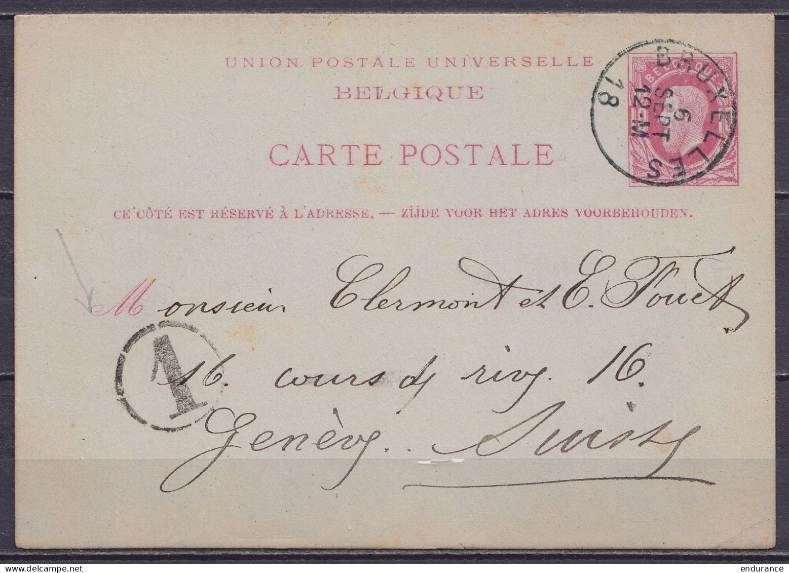 EP CP 10c Rouge (type N°74) Càd BRUXELLES /6 SEPT 18?? Pour GENEVE Suisse - Postcards 1871-1909
