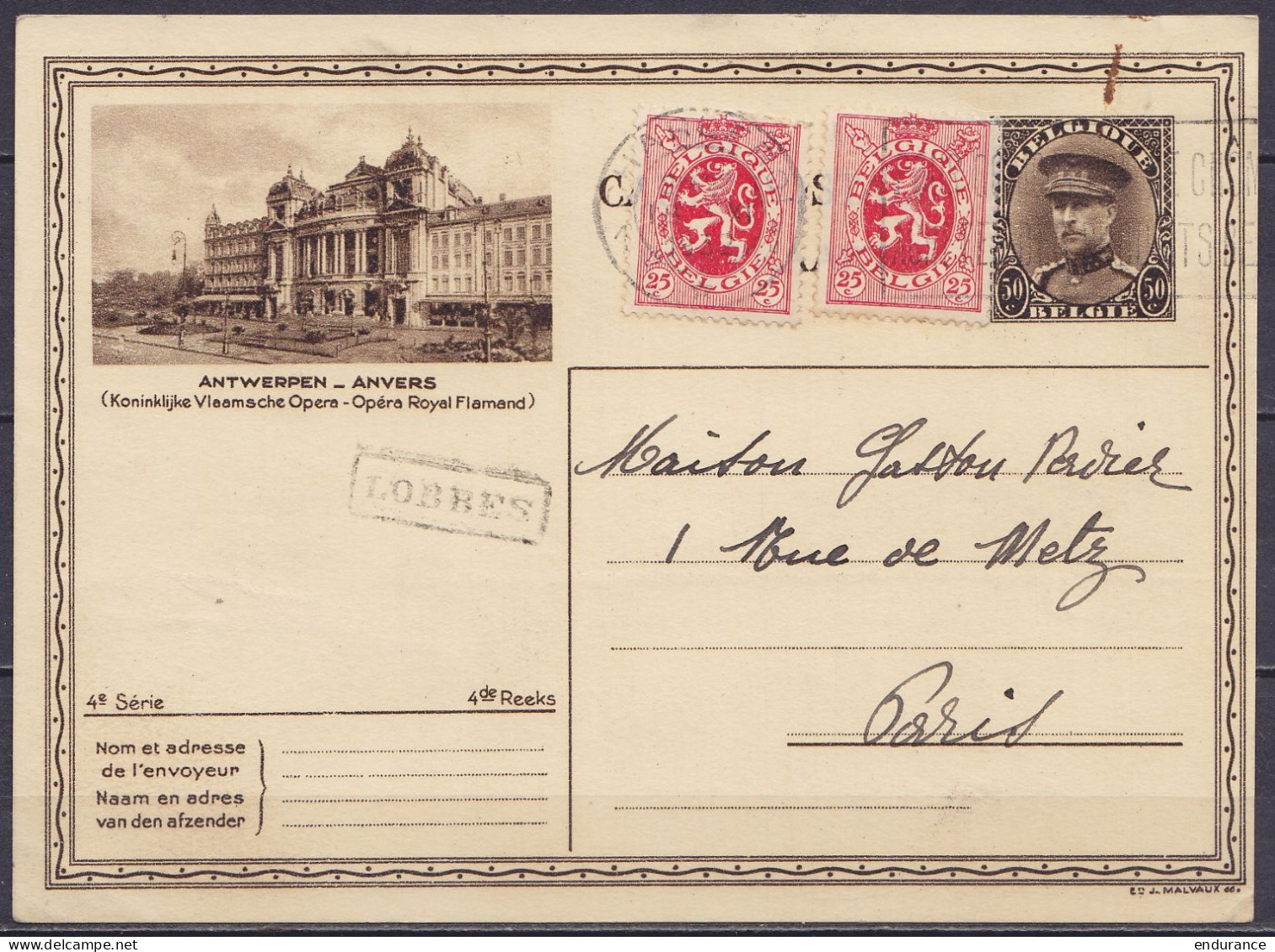 EP CP 40c Brun (type N°341 - Antwerpen) + 2x N°282 Flam. CHARLEROI /18 XI 1932 Pour PARIS - Griffe D'origine [LOBBES] - Briefkaarten 1909-1934