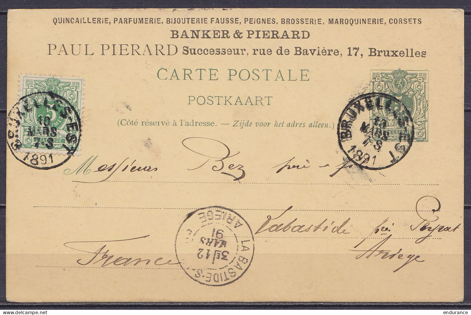 EP CP 5c Vert (type N°45) Repiqué "Quicaillerie, Parfumerie, … Pierard" + N°45 Càd BRUXELLES-EST /10 MARS 1891 Pour LA B - Cartoline 1871-1909