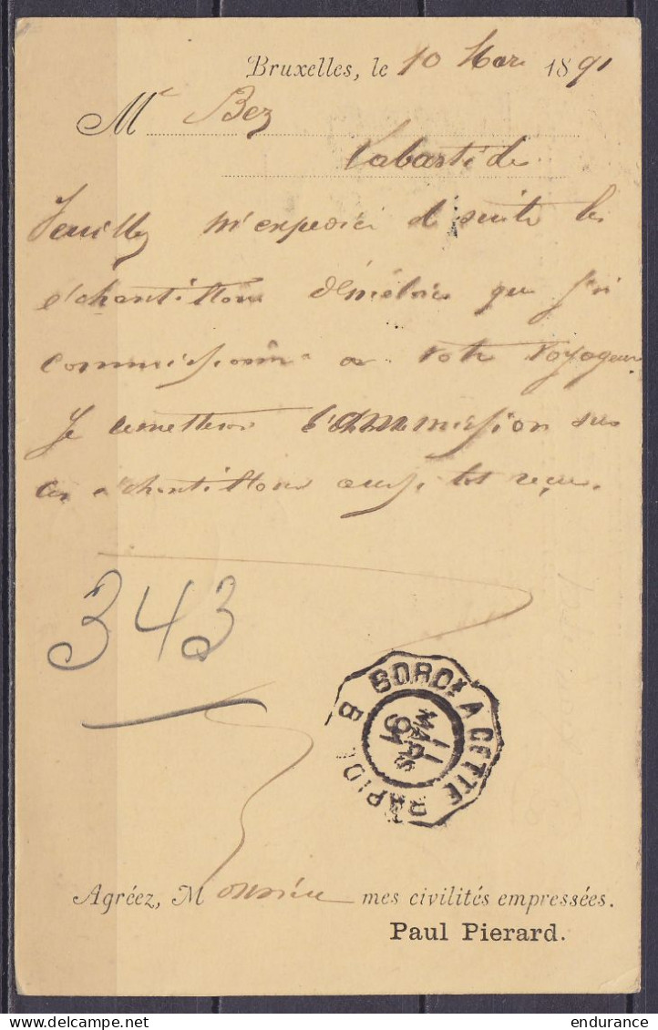 EP CP 5c Vert (type N°45) Repiqué "Quicaillerie, Parfumerie, … Pierard" + N°45 Càd BRUXELLES-EST /10 MARS 1891 Pour LA B - Briefkaarten 1871-1909