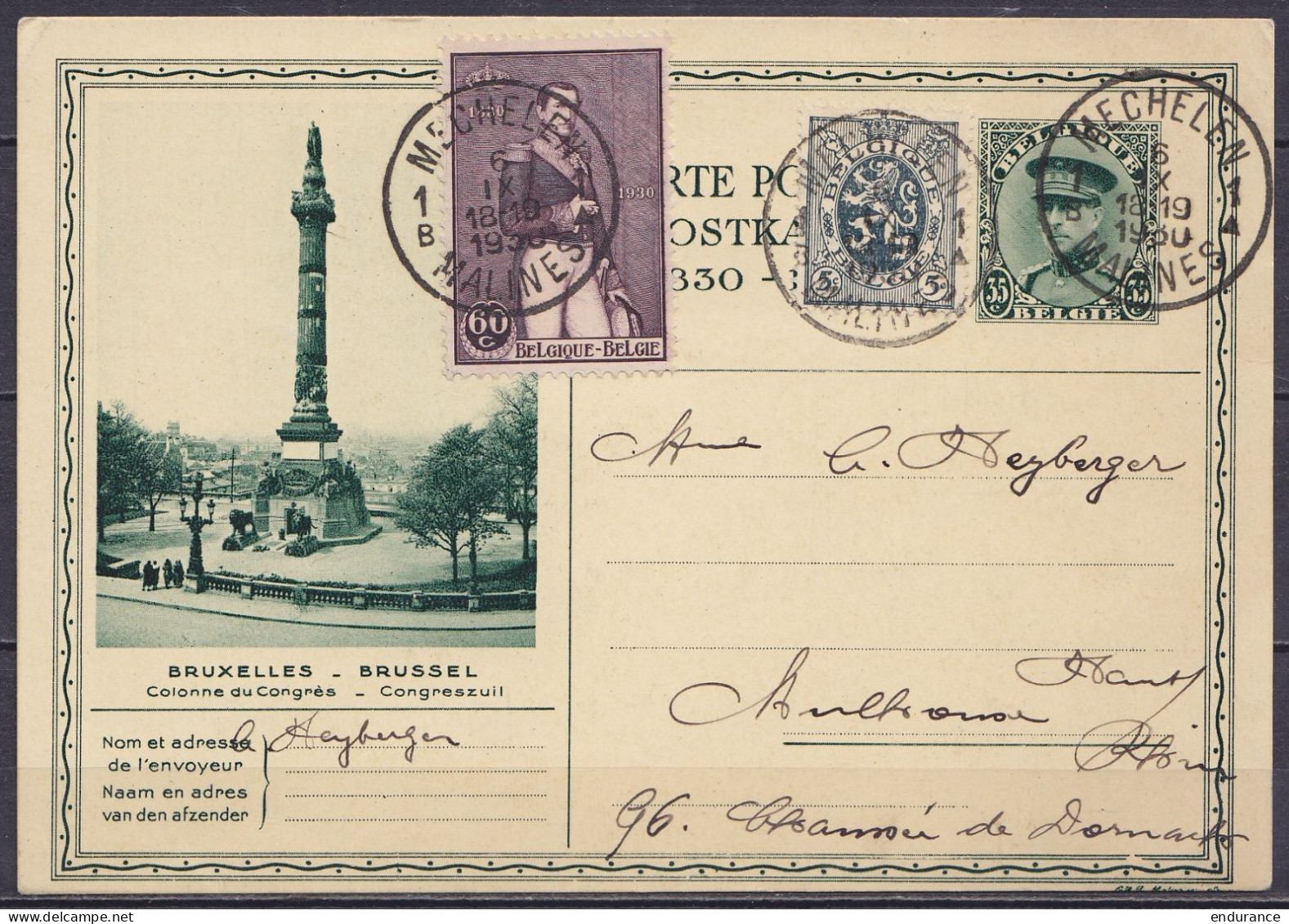 EP CP 35c Vert (type N°341) + N°279+302 Càd "MECHELEN /6 IX 1930/ MALINES" Pour MULHOUSE France - Postkarten 1909-1934