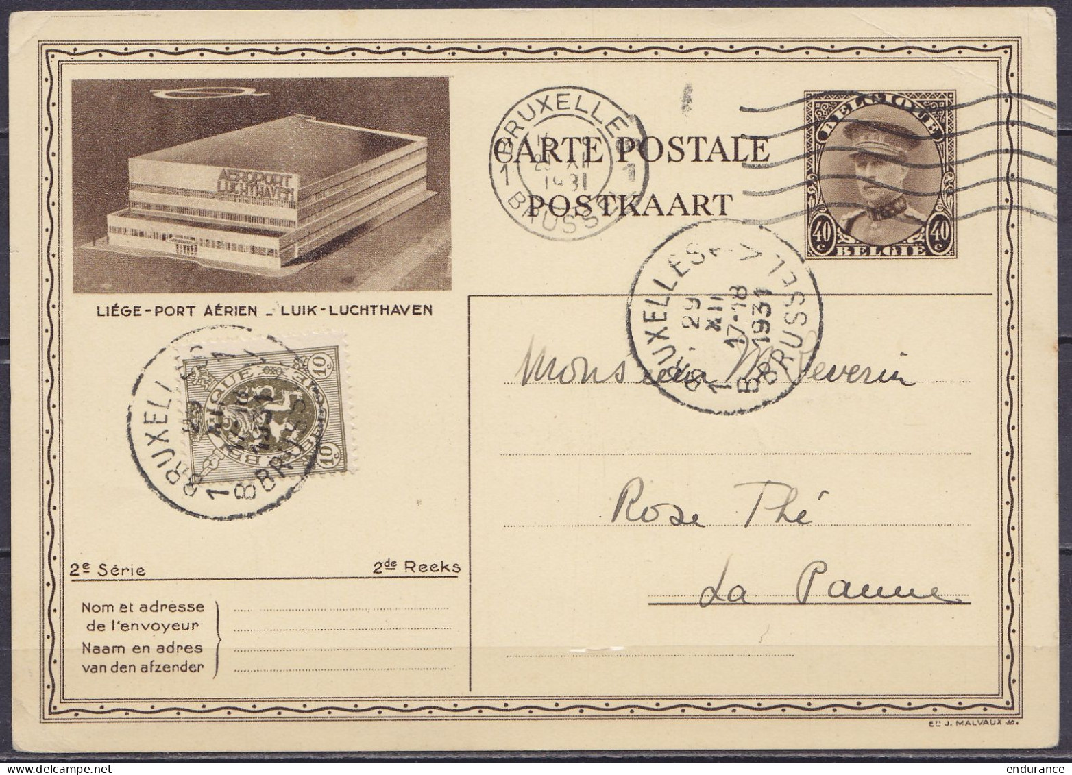 EP CP 40c Brun (type N°341 - Liège - Port Aérien) + N°280 Flam. & Càd BRUXELLES 1/29 XII 1931 Pour LA PANNE - Briefkaarten 1909-1934