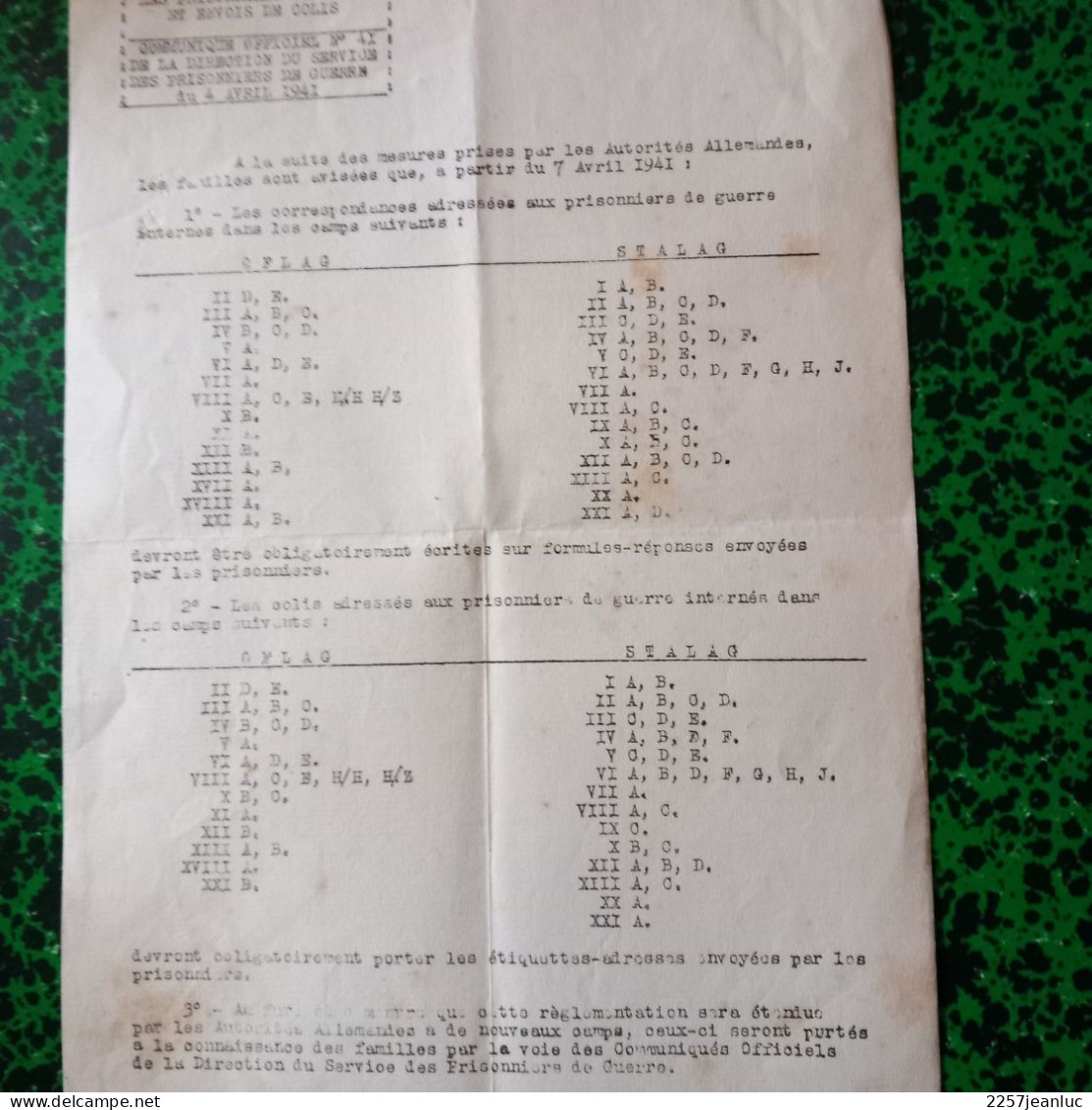 Doc N: 41 Correspondance Avec Les  Prisonniers De Guerre à Sfalag .Oflag  Et Envois De Colis Du 4 Avril 1941 - Gesetze & Erlasse