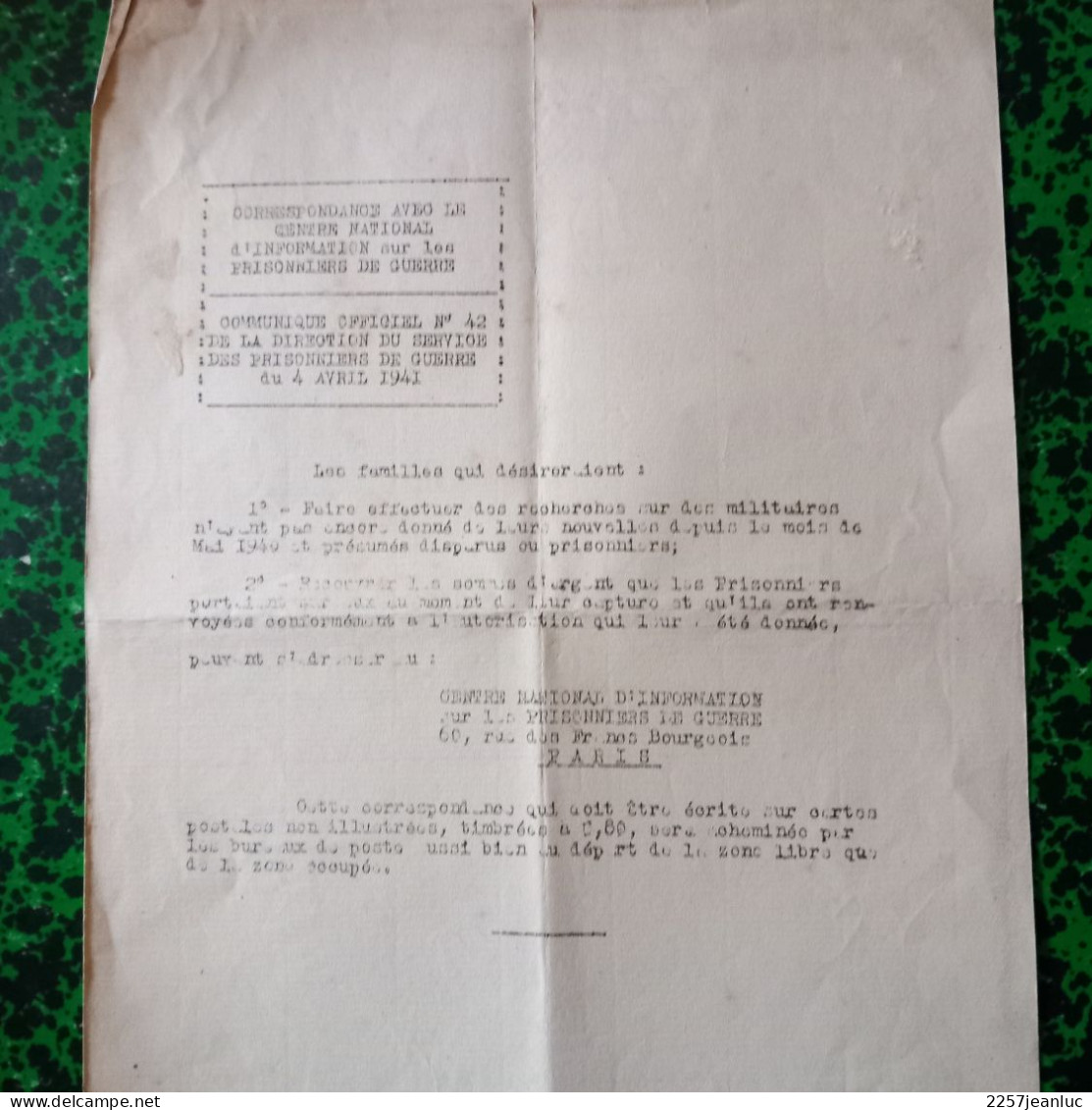 Doc N: 41 Correspondance Avec Les  Prisonniers De Guerre à Sfalag .Oflag  Et Envois De Colis Du 4 Avril 1941 - Wetten & Decreten