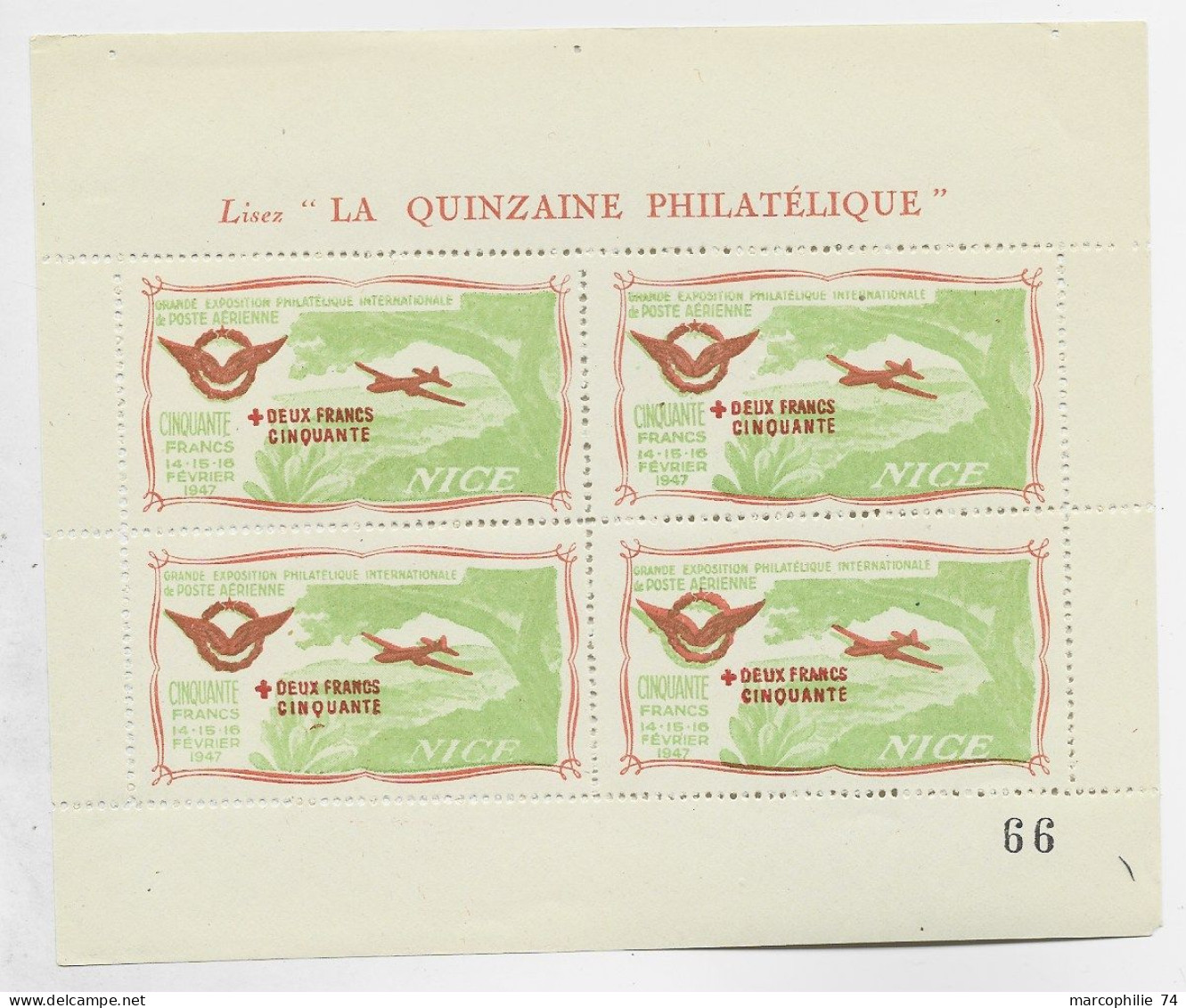 BLOC DE 4 VIGNETTE CINQUANTE  FRANCS EXPO PHIL POSTE AERIENNE NICE 1947 SUPERBE - 1927-1959 Mint/hinged
