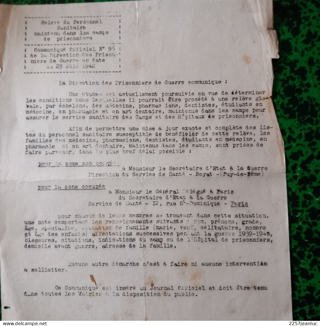 Communiqué Officiel N: 96 De La Direction Des  Prisonniers De Guerre Du 25 Juillet  1942 - Decrees & Laws