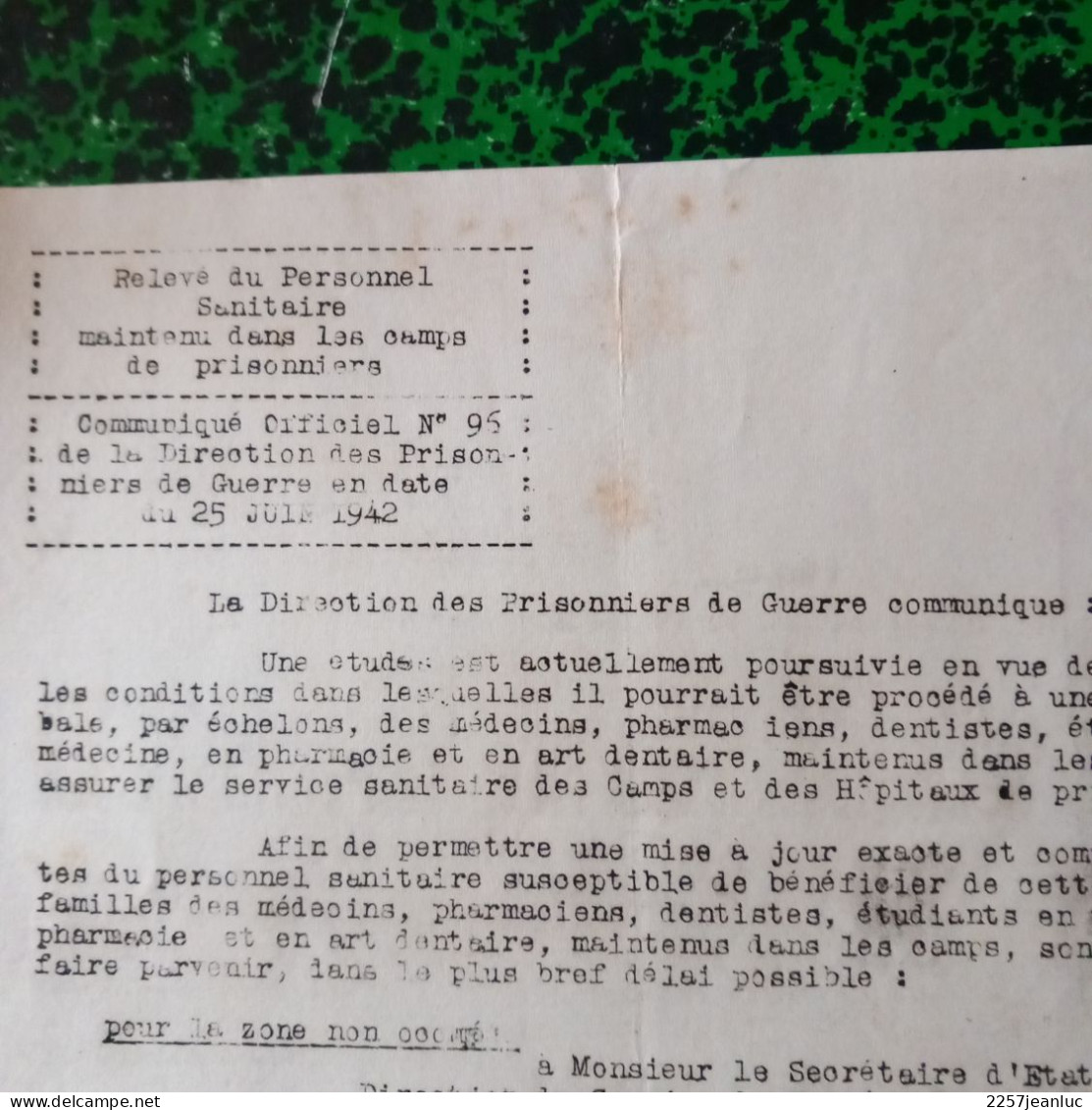 Communiqué Officiel N: 96 De La Direction Des  Prisonniers De Guerre Du 25 Juillet  1942 - Gesetze & Erlasse