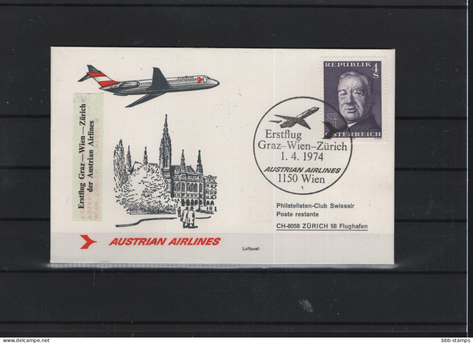 Schweiz Luftpost FFC AUA  1.4.1974 Graz - Wien - Zürich - Eerste Vluchten