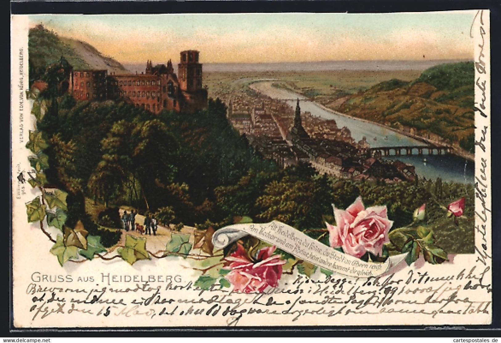 Lithographie Heidelberg, Teilansicht Mit Burg  - Heidelberg