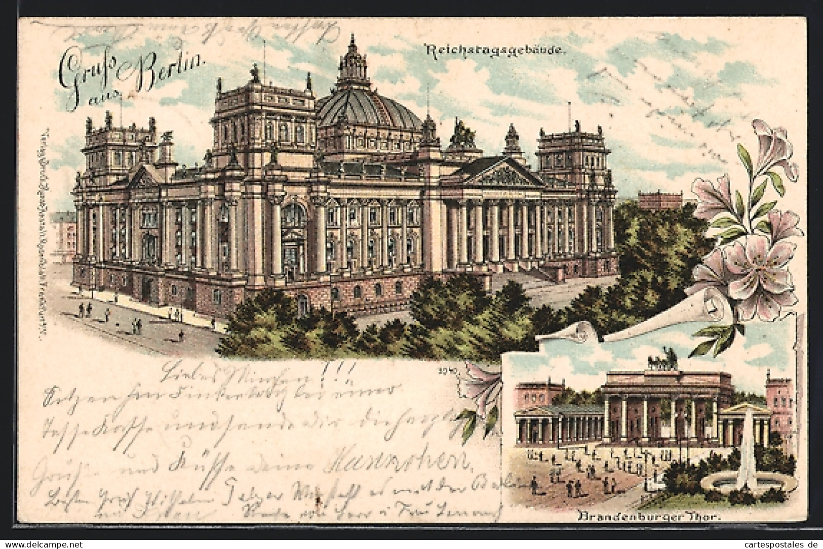 Lithographie Berlin-Tiergarten, Reichstagsgebäude Und Brandenburger Thor  - Tiergarten