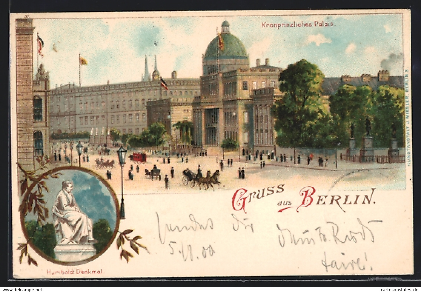 Lithographie Berlin, Teilansicht Kronprinzen Palais, Humboldt-Denkmal  - Mitte
