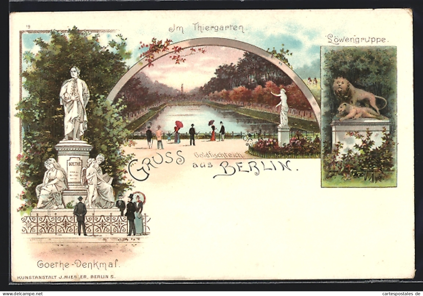 Lithographie Berlin-Tiergarten, Löwengruppe, Goldfischteich, Goethe-Denkmal  - Dierentuin