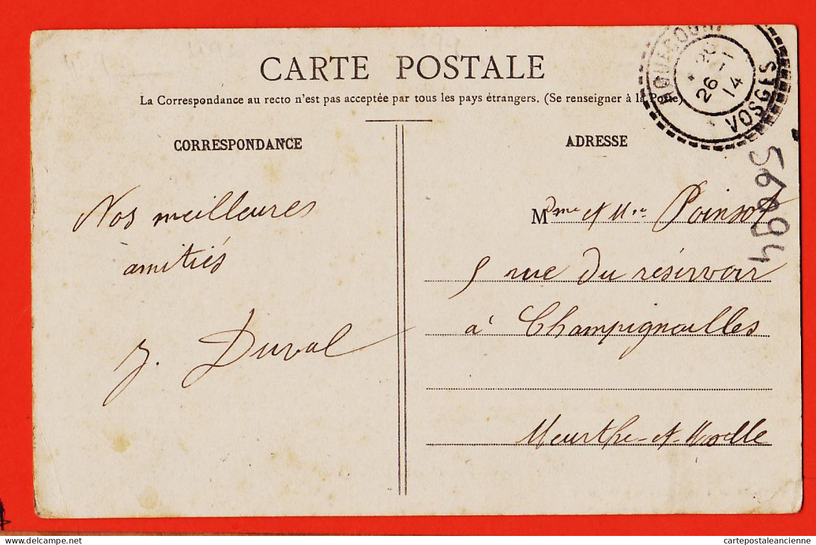 05787 / MIRECOURT 88-Vosges Avenue ECOLE-NORMALE Tampon Perlé HOUECOURT 1914 De DUVAL à POINSOT Champignolles - Mirecourt